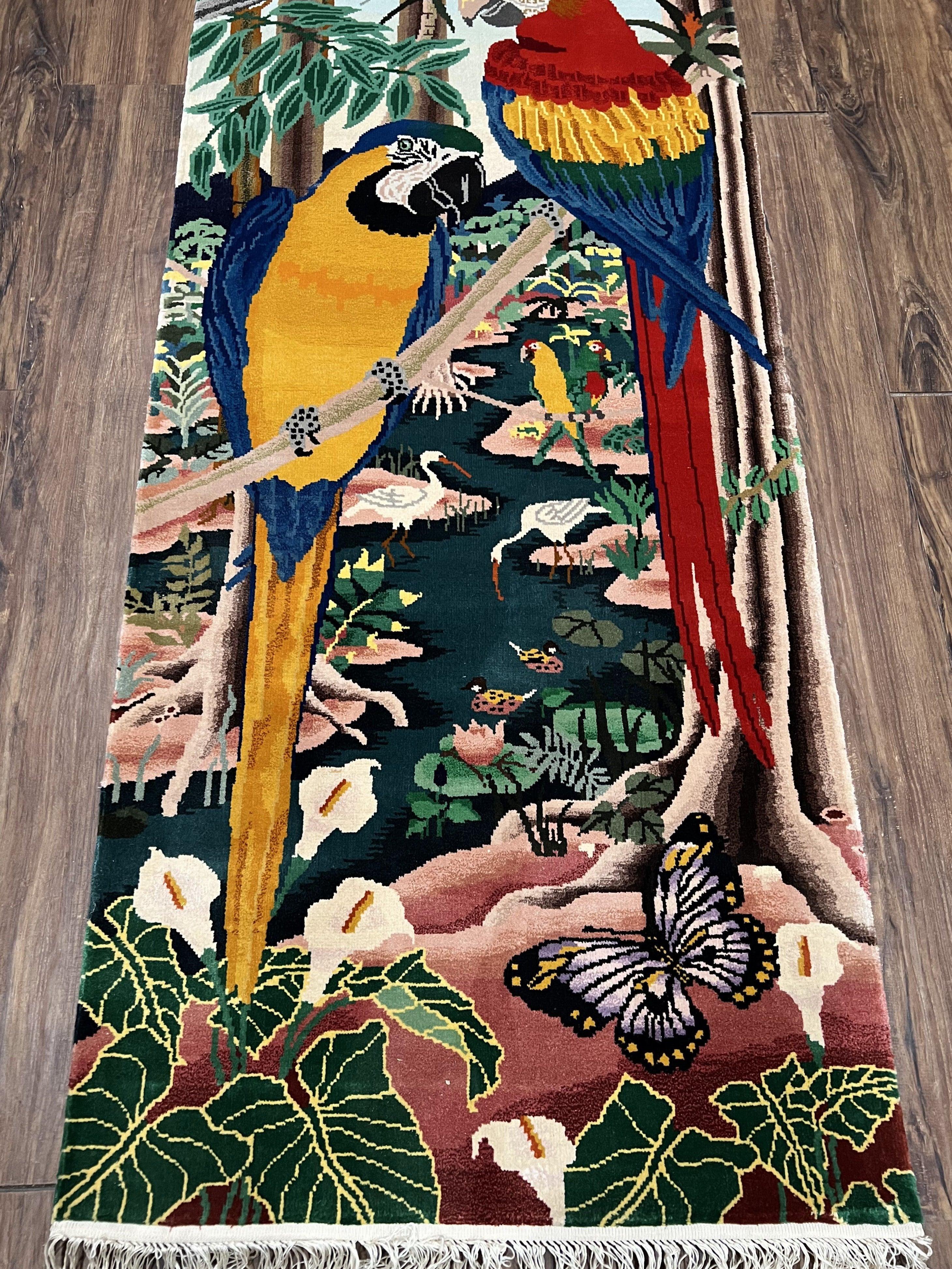 Chinese Wall Hanging Tapestry with Rod 2 x 6, Parrots Butterflies Safari Scene, Soft Wool on Silk Foundation, Handmade Hand Knotted Vintage - Jewel Rugs