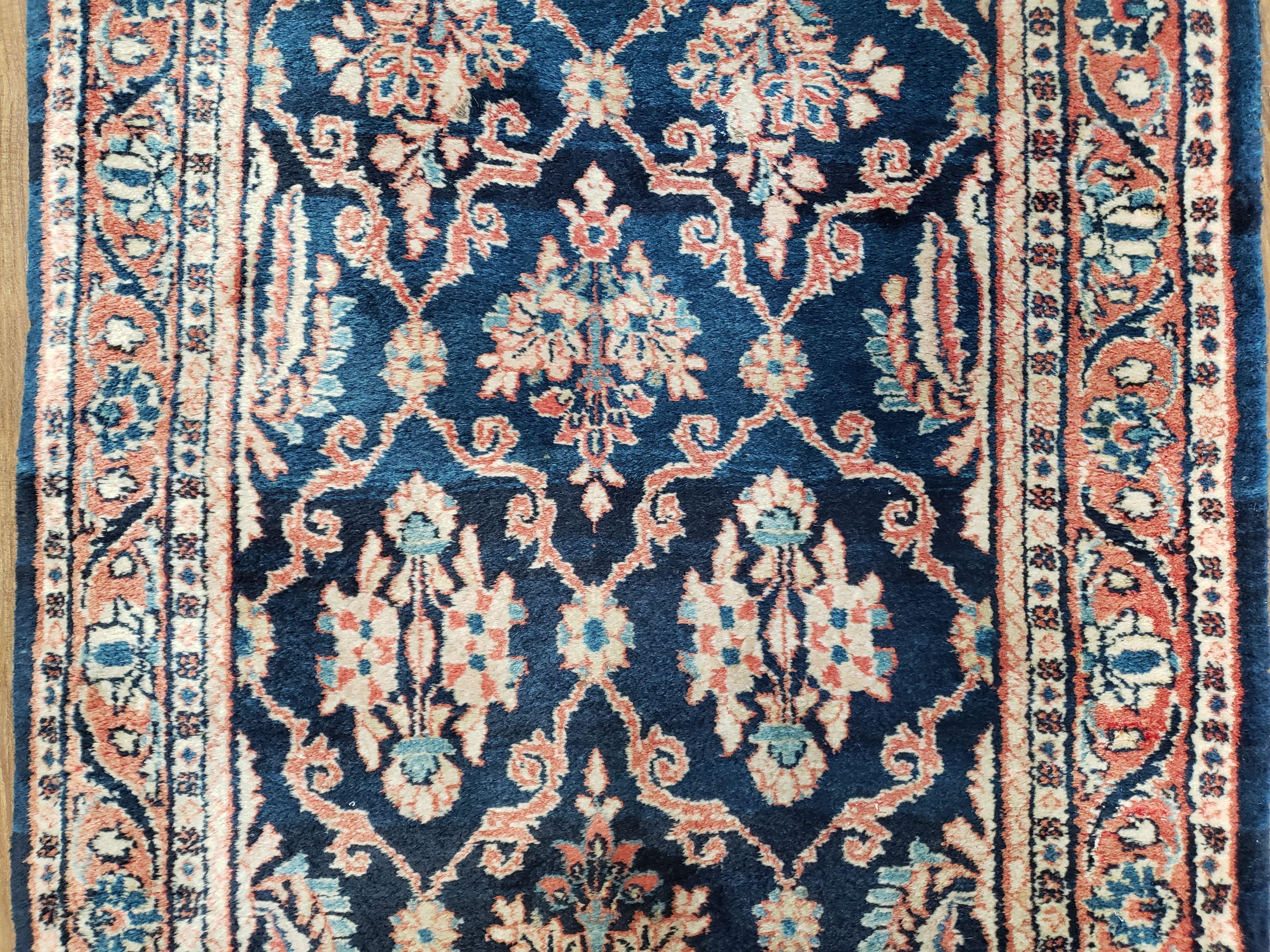 Antique Dark Blue Persian Sarouk Runner, Hand-knotted, Wool, 2'4" x 9' 3" - Jewel Rugs