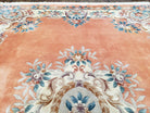 Vintage Chinese Aubusson Area Rug, Light Salmon Beige & Blue, Flowers, Plush Pile, Hand-Knotted, Chinese Art Deco Carpet, 8'3" x 11' 4" - Jewel Rugs