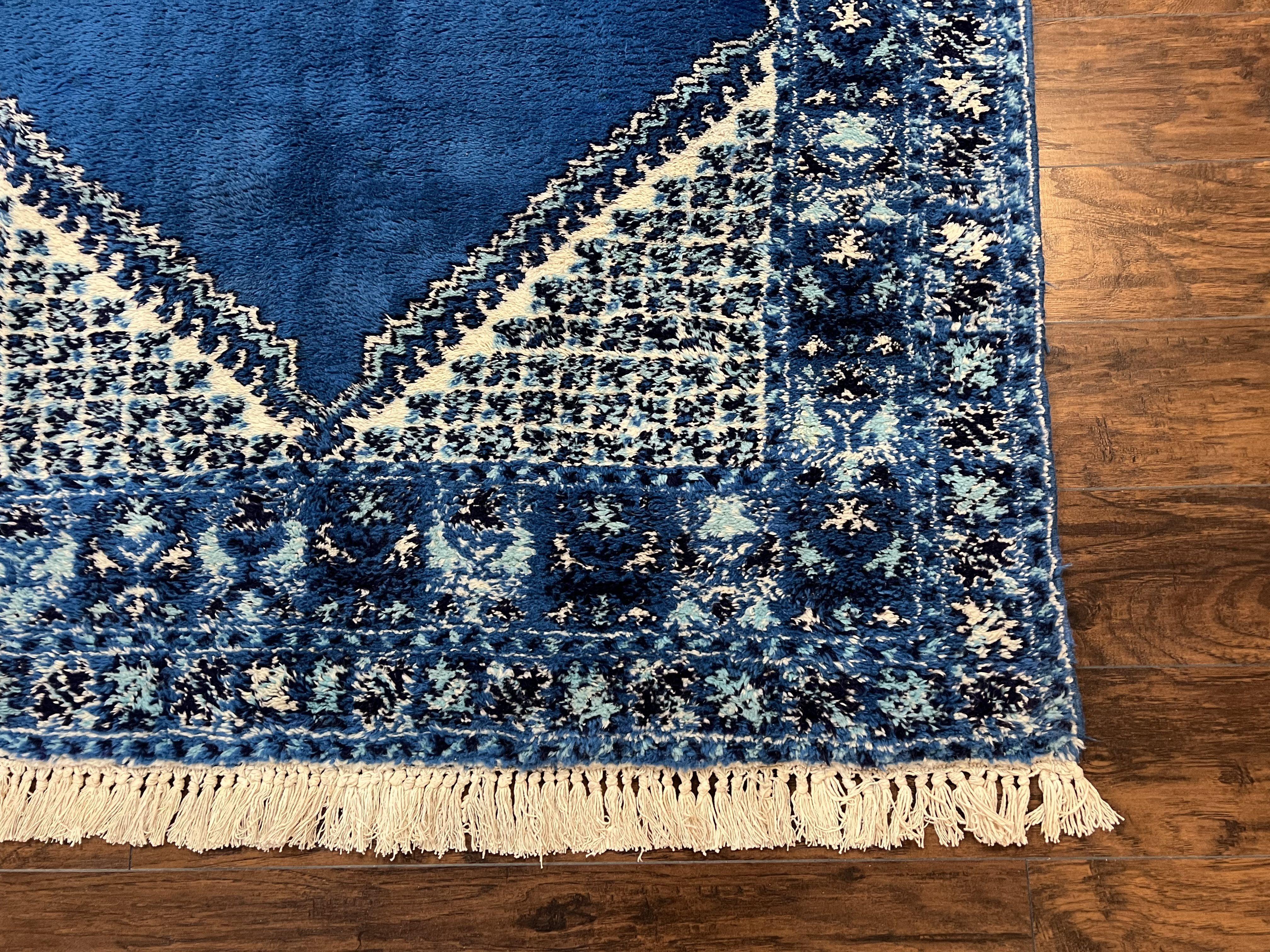 Vintage Moroccan Rug 5.6 x 7.6, Blue and Ivory Area Rug, Hand-Knotted Oriental Carpet, Geometric Medallion Open Field, Soft Wool Rug, Nice - Jewel Rugs