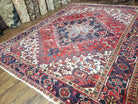 Semi Antique Persian Heriz Rug, Red Ivory & Blue, Hand-Knotted, Wool, 8'4" x 10'8" - Jewel Rugs