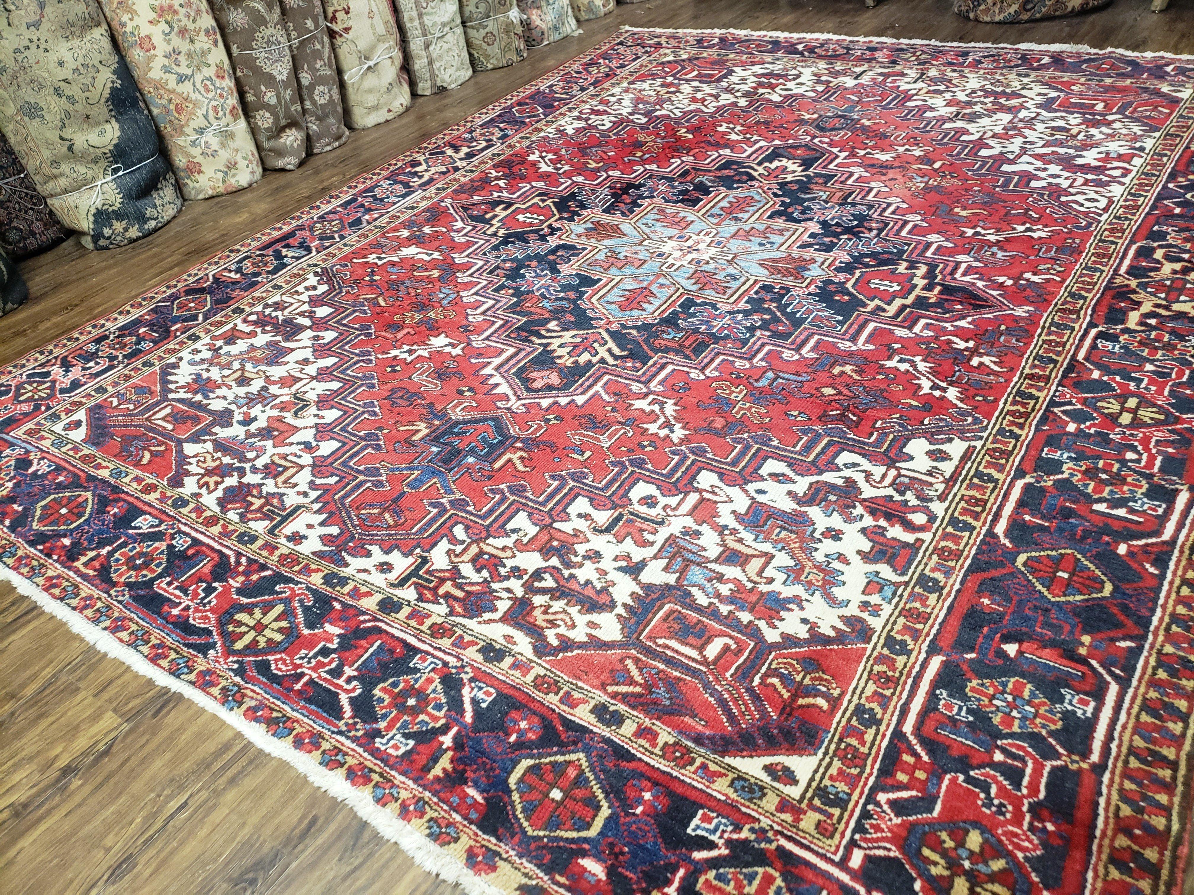 Semi Antique Persian Heriz Rug, Red Ivory & Blue, Hand-Knotted, Wool, 8'4" x 10'8" - Jewel Rugs