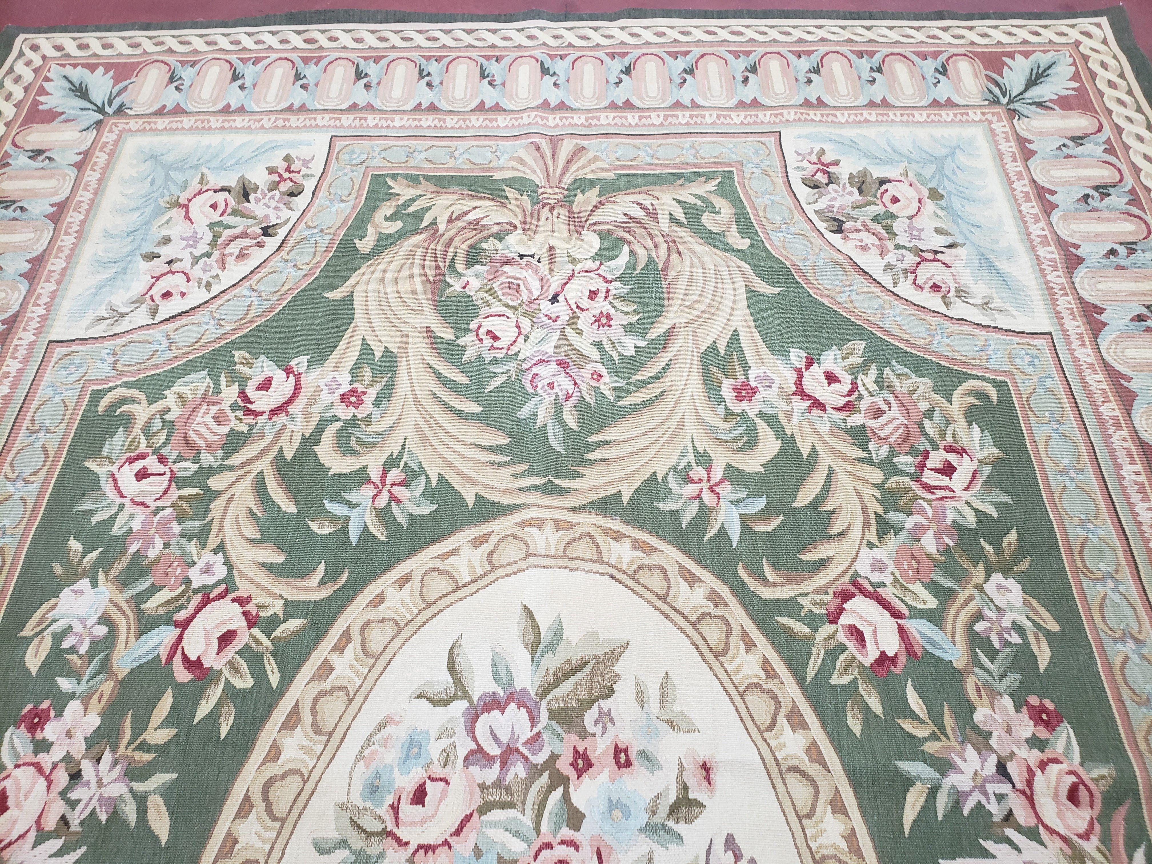 6x9 Aubusson Rug, New Aubusson Rug, Green Aubusson, Green Light Blue Ivory, Flatweave Rug, 6 x 9 Area Rug, Handmade Rug, Elegant Rug, Wool - Jewel Rugs