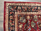 Rare Persian Almost Square Rug 6.3 x 5.3, Hand Knotted Wool Antique 1920s Sarouk Oriental Carpet, Red Navy Blue Beige, Floral Allover, 5x6 Area Rug - Jewel Rugs