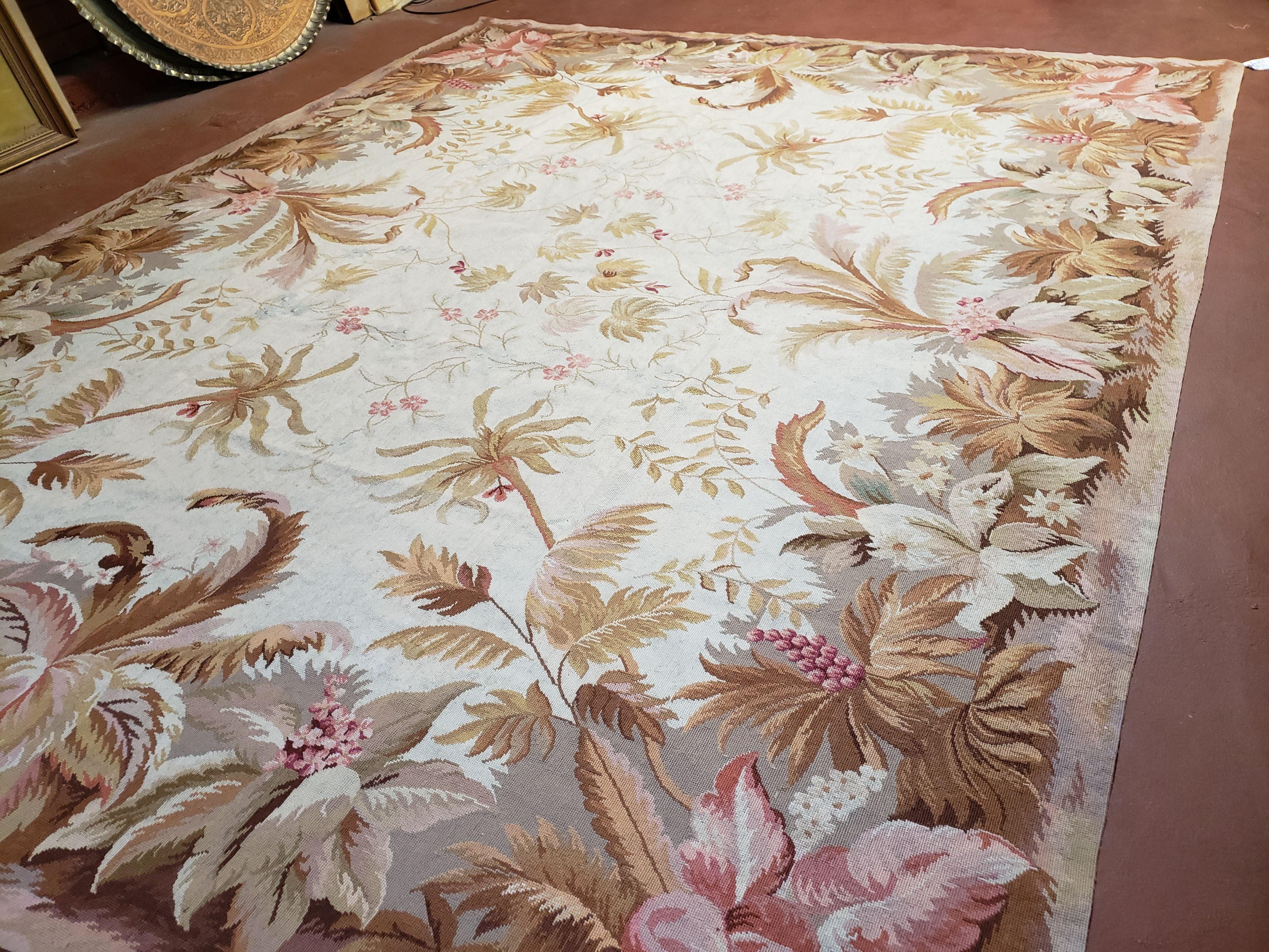 7' 7" x 9' 8" Needlepoint Rug Floral Beige Flat Weave Carpet 8x10 Handmade New Area Rug - Jewel Rugs