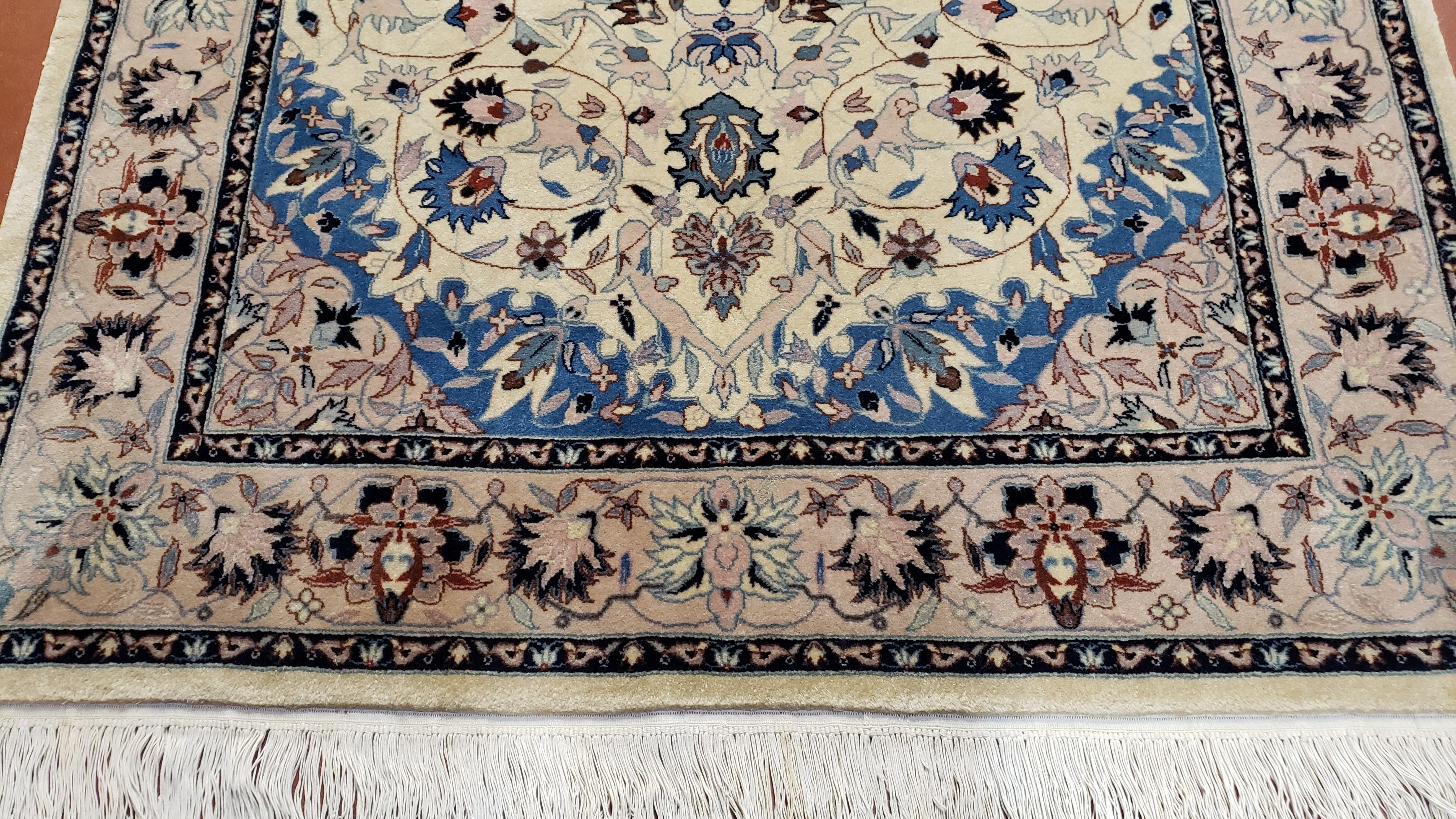 4x6 Ivory and Blue Chinese Rug Persian Design Hand-Knotted Oriental Carpet Wool Vintage Area Rug Central Medallion Entryway Rug Foyer Rug - Jewel Rugs