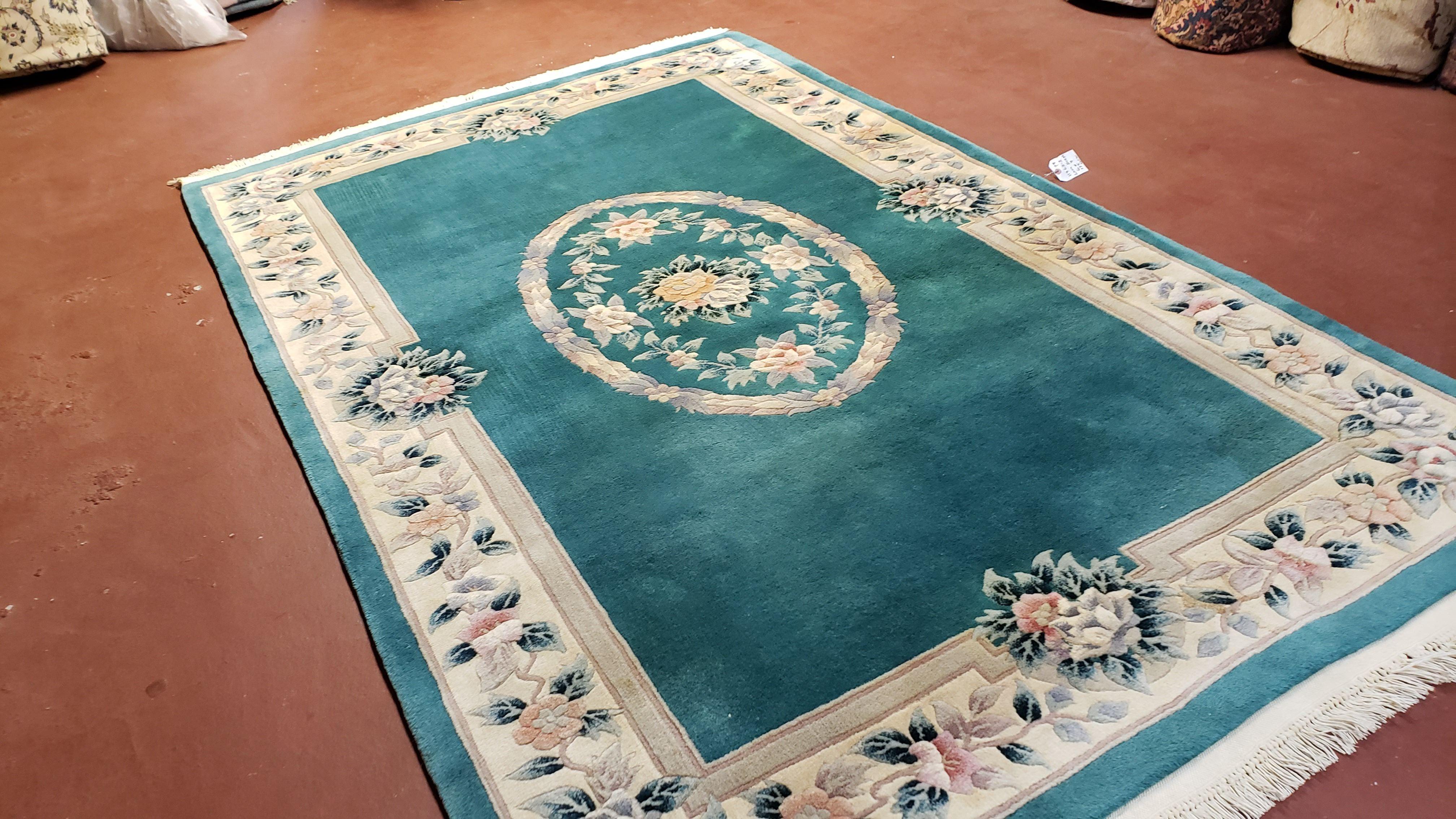 Teal Chinese Rug 6x9, Vintage Chinese Wool Carpet, Aubusson Pattern, Beige Border, Floral Design, Handmade Area Rug, Soft Plush Pile - Jewel Rugs