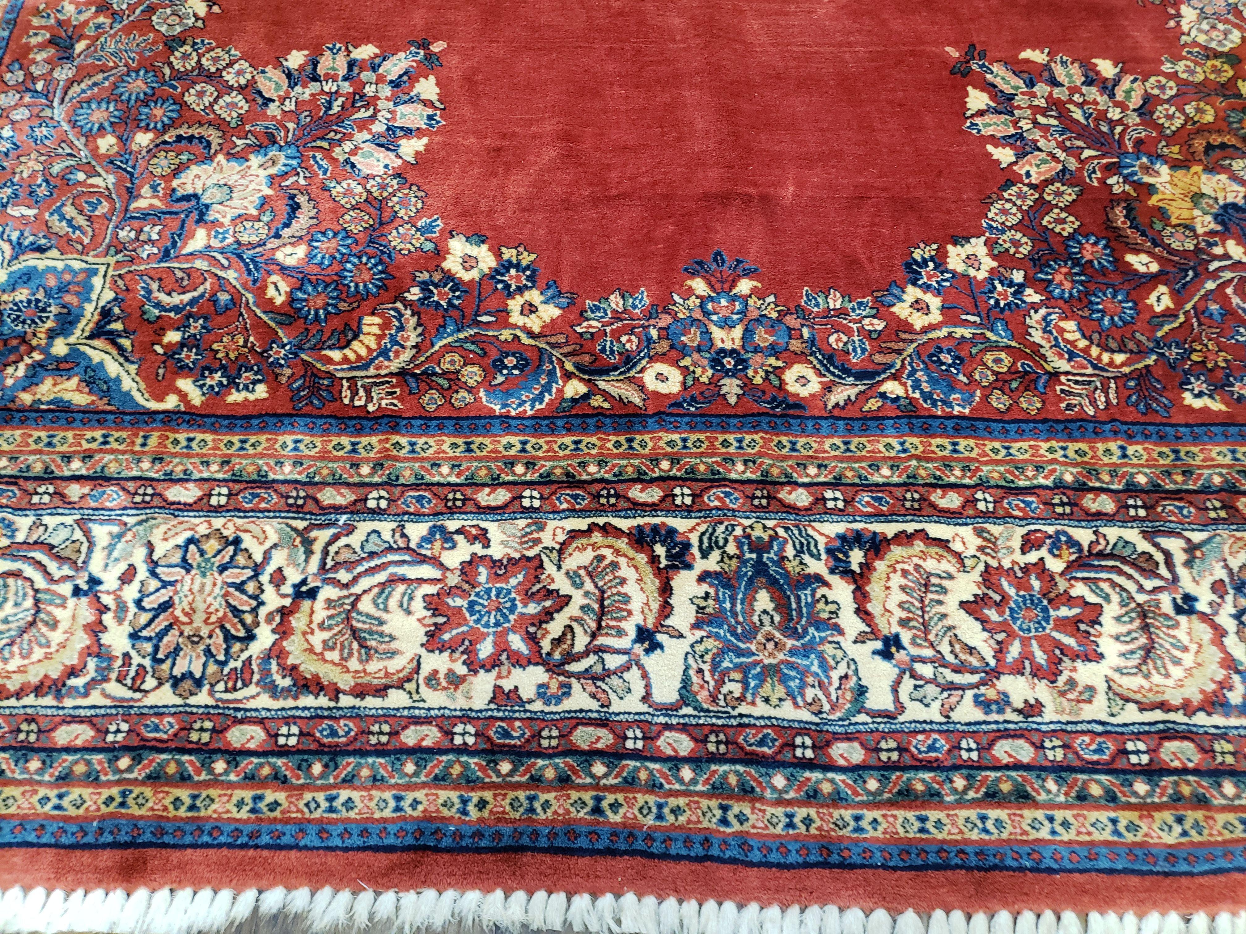 Semi Antique Persian Sarouk Rug 9x12,  Semi Open Field with Central Medallion, Hand Knotted Wool, Tomato Red, 9 x 12 Authentic Oriental Carpet - Jewel Rugs