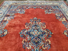 Semi Antique Persian Sarouk Rug 9x12,  Semi Open Field with Central Medallion, Hand Knotted Wool, Tomato Red, 9 x 12 Authentic Oriental Carpet - Jewel Rugs