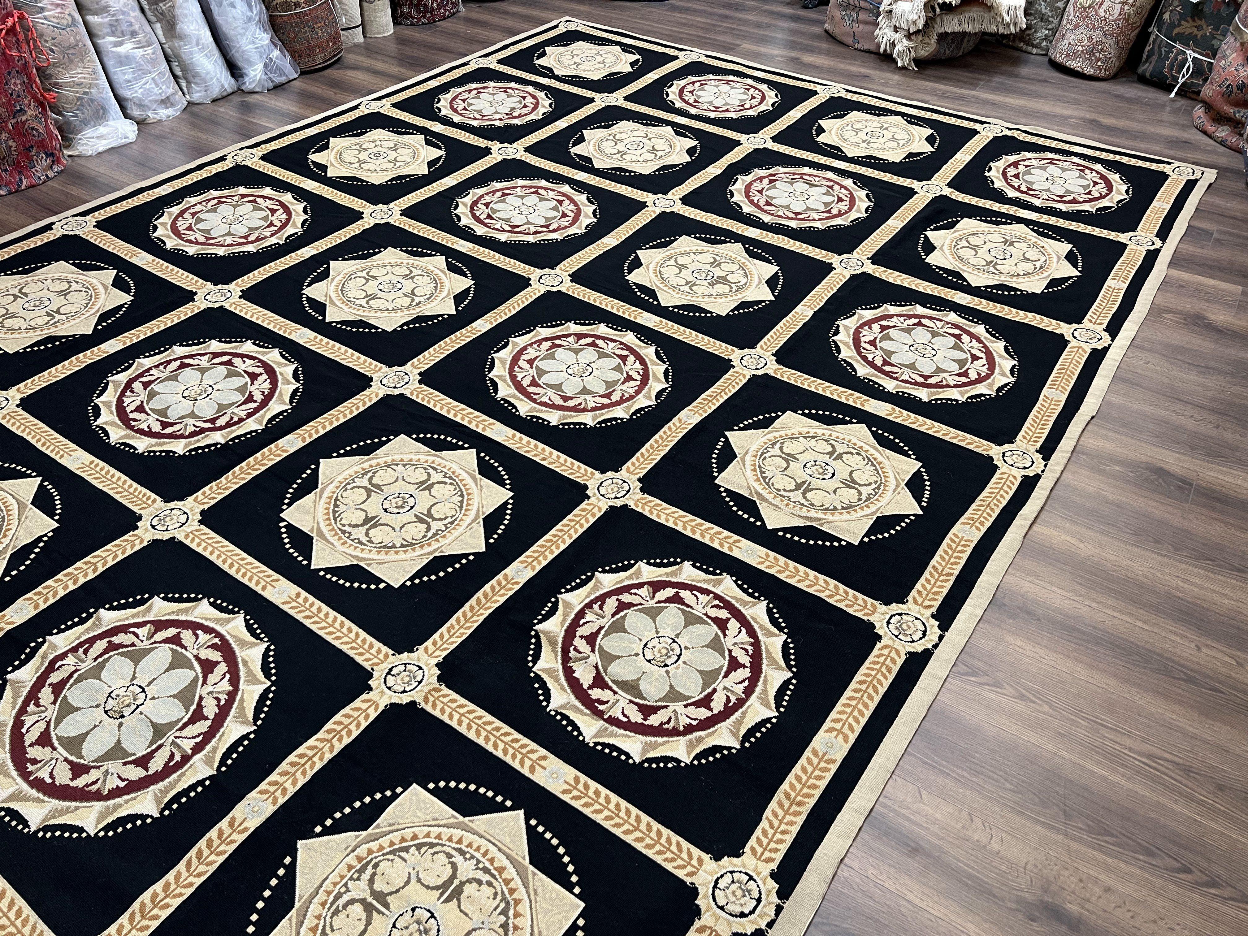 Large Needlepoint Rug 10x13, Panel Design, Black and Beige, Wool Needlepoint Carpet 10 x 13, English Garden, Handwoven Area Rug, Living Room - Jewel Rugs