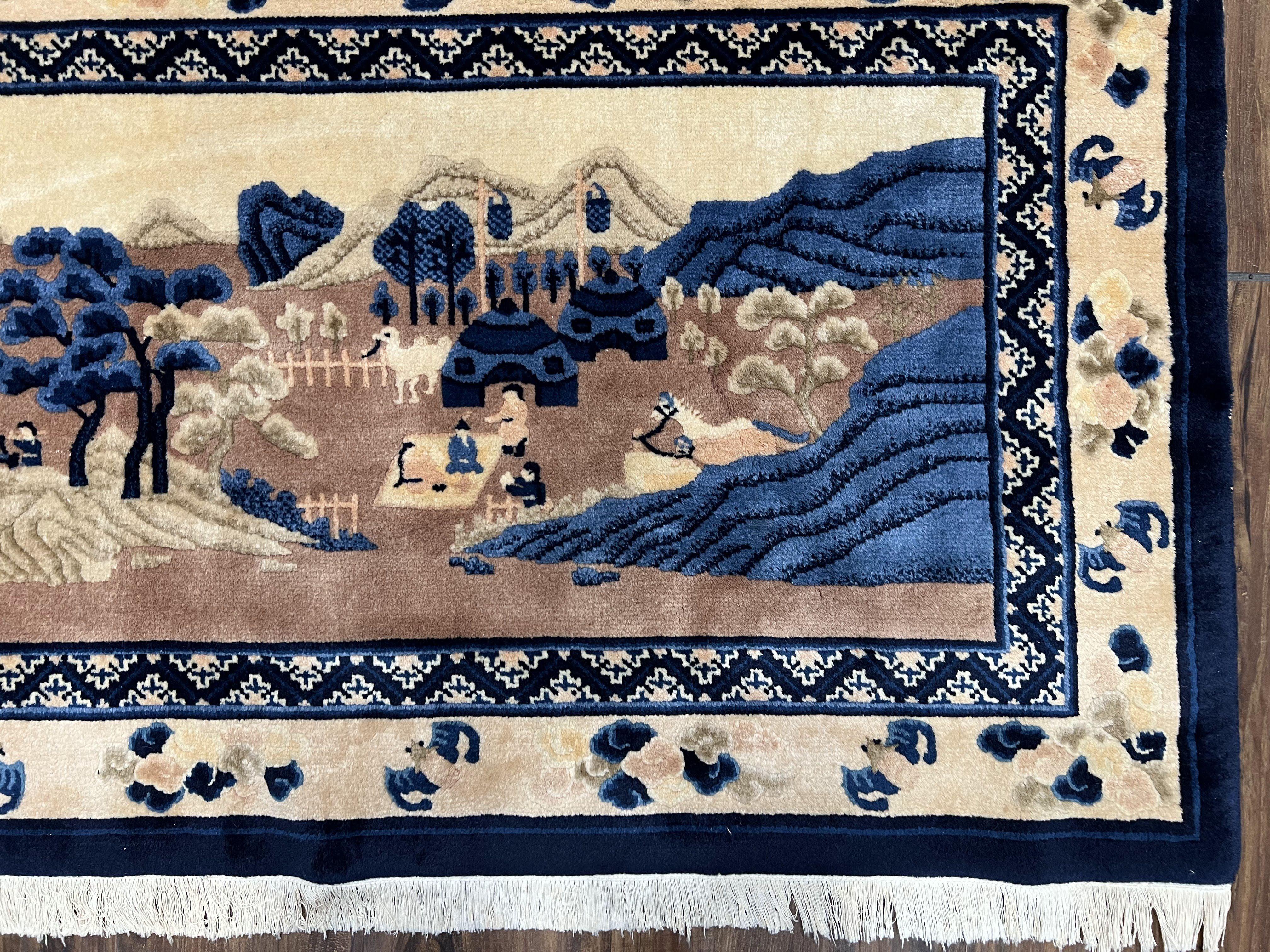 Antique Chinese Pictorial Rug 2.7 x 5, Chinese Village and Hills Carpet, Beige and Dark Blue, Handmade, Horizontal Rug Wall Hanging Tapestry - Jewel Rugs