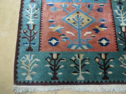 3' X 5' 7" Vintage Handmade Art Deco Chinese Wool Rug Nice Teal Salmon Nice - Jewel Rugs