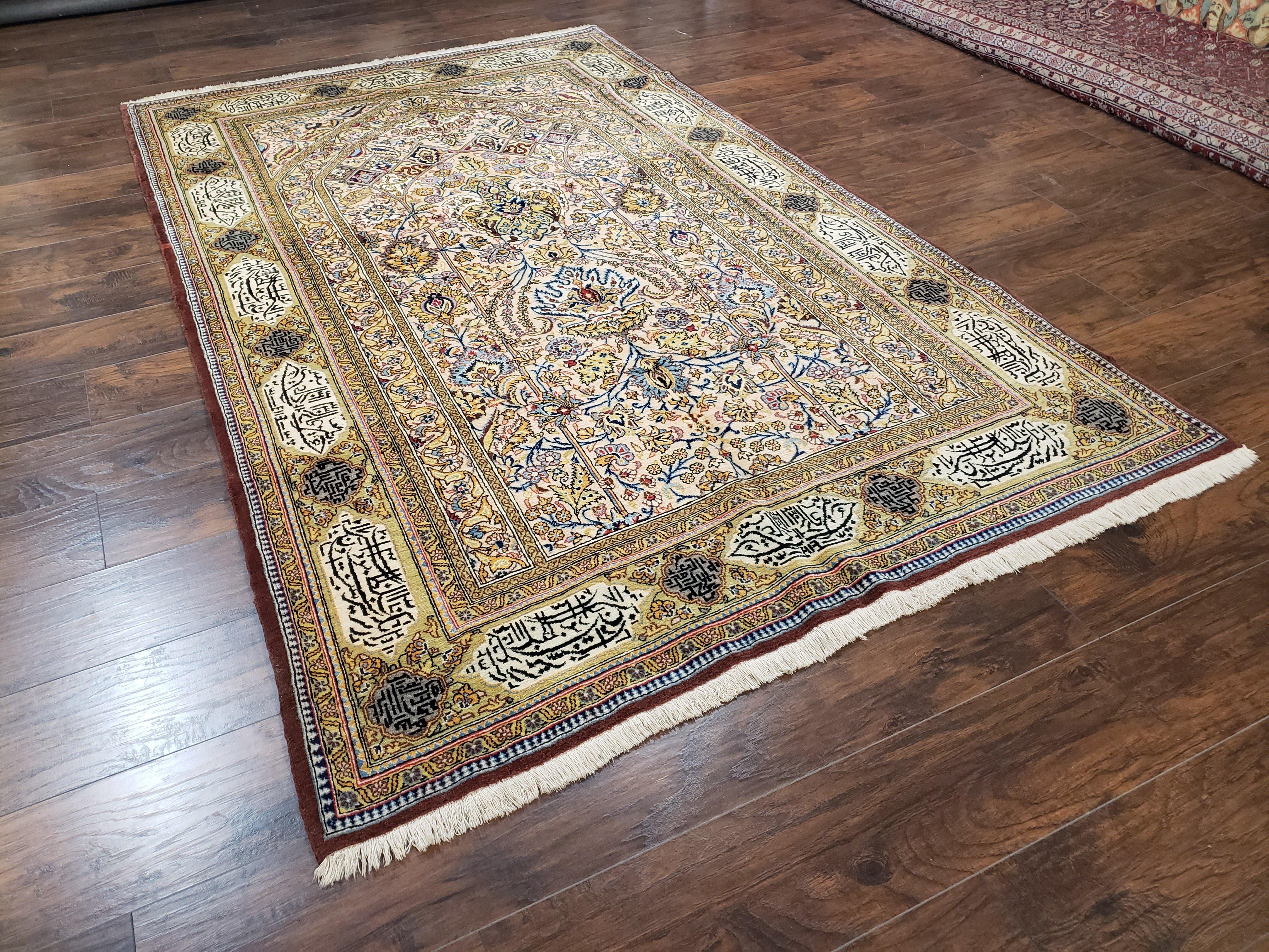 Stunning Persian Qum Rug 5x9, Poetic Writing In Borders, Highly Detailed Handmade Antique Carpet 5'3" x 8'6", Cream Gold Blue, Kork Wool - Jewel Rugs