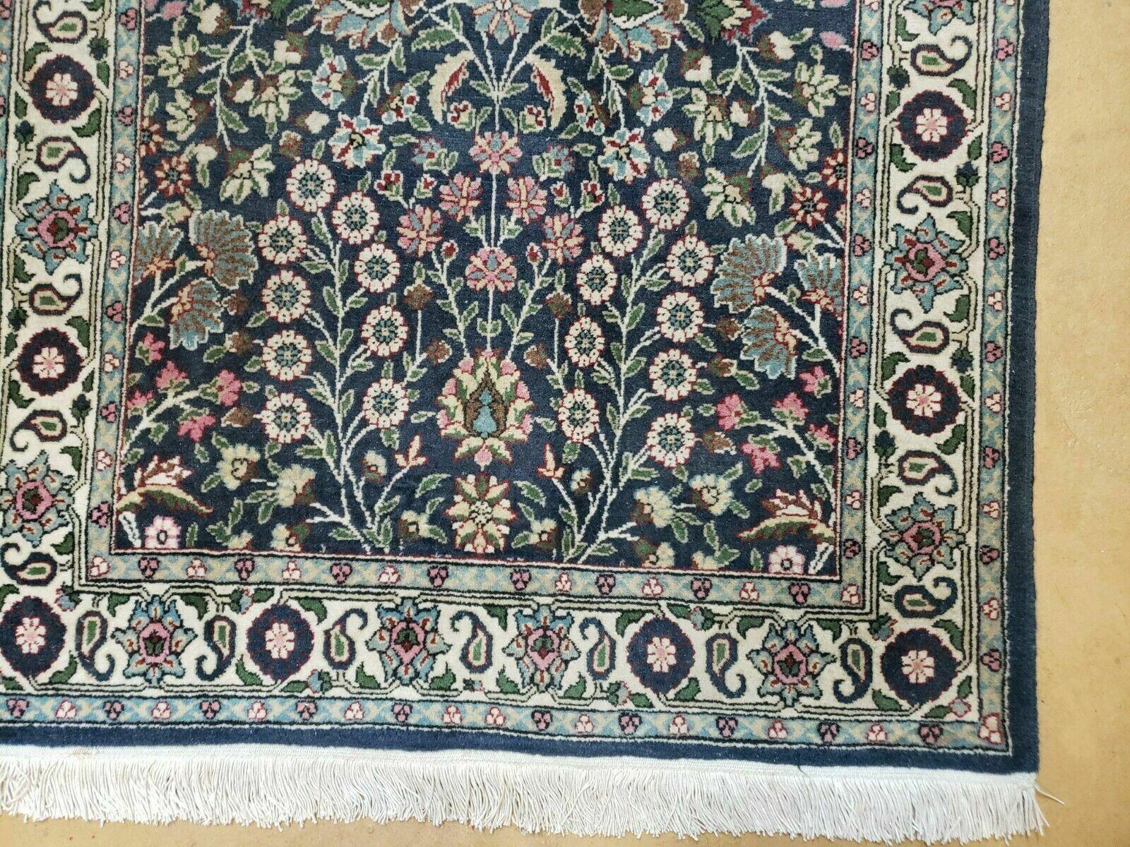 3' X 4' Vintage Handmade India Jaipur Floral Wool Rug Carpet Nice Dark Blue - Jewel Rugs