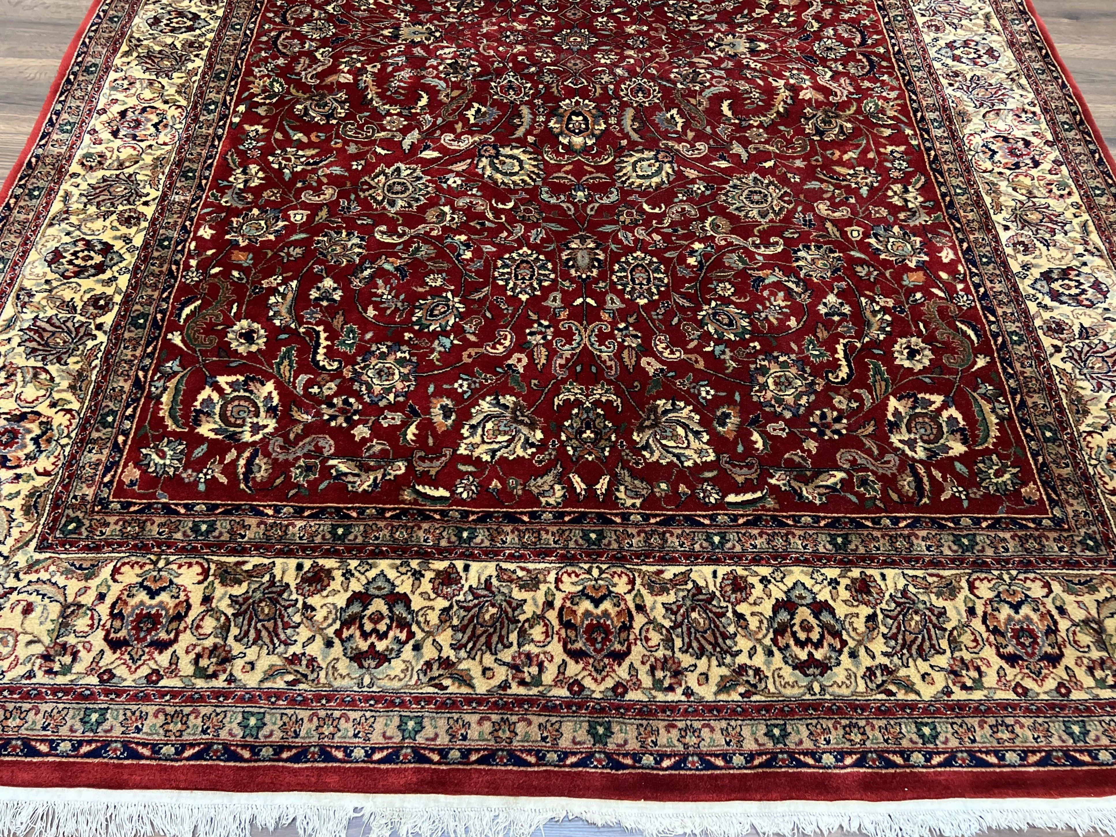 Vintage Indo Persian Rug 6x9, Very Finely Hand-Knotted Carpet 6 x 9 Red Cream Indian Oriental Carpet, Traditional Floral Wool Area Rug 1970s - Jewel Rugs