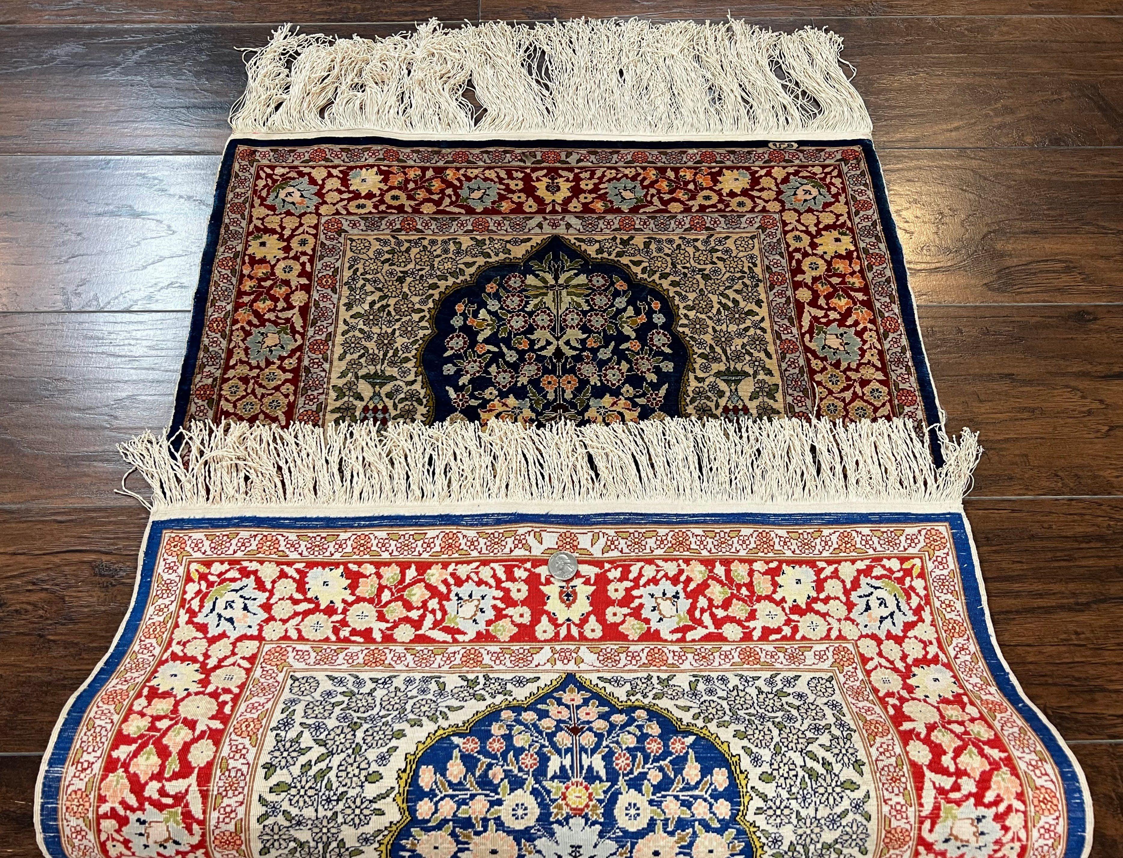 Authentic Silk Turkish Hereke Rug 2x3 ft with Signature, Wonderful Silk on Silk Small Hereke Carpet 2 x 3, Floral Navy Blue Dark Red Cream - Jewel Rugs