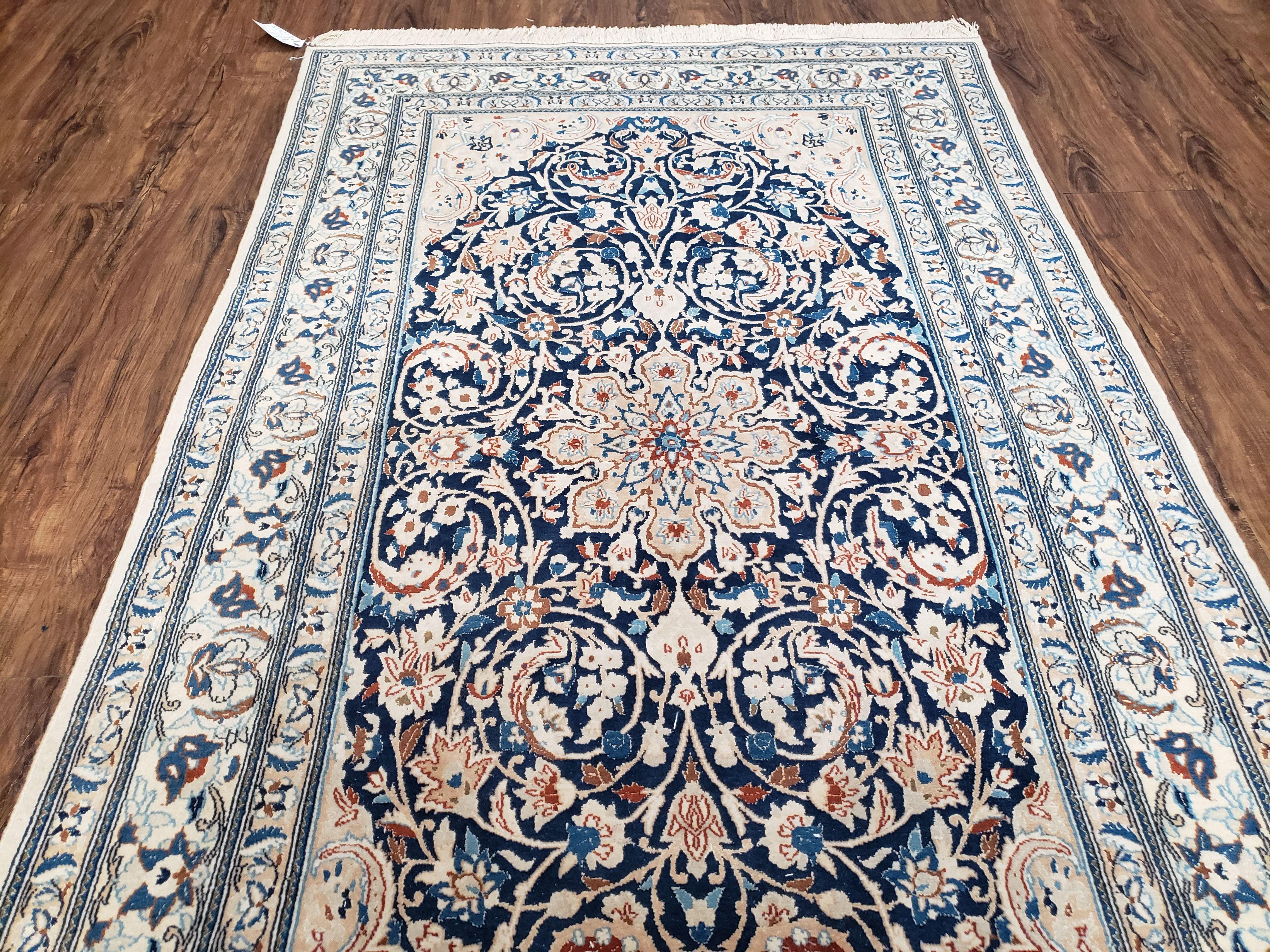 Semi Antique Fine Persian Nain Rug, Ivory & Blue, Wool with Silk Accents, 3'9" x 6'2" - Jewel Rugs