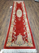 Vintage Chinese Carving Runner Rug 2'4" x 10', Wool Hand-Knotted Red & Beige Asian Art Deco Oriental Carpet, 10ft Soft Hallway Runner Rug - Jewel Rugs