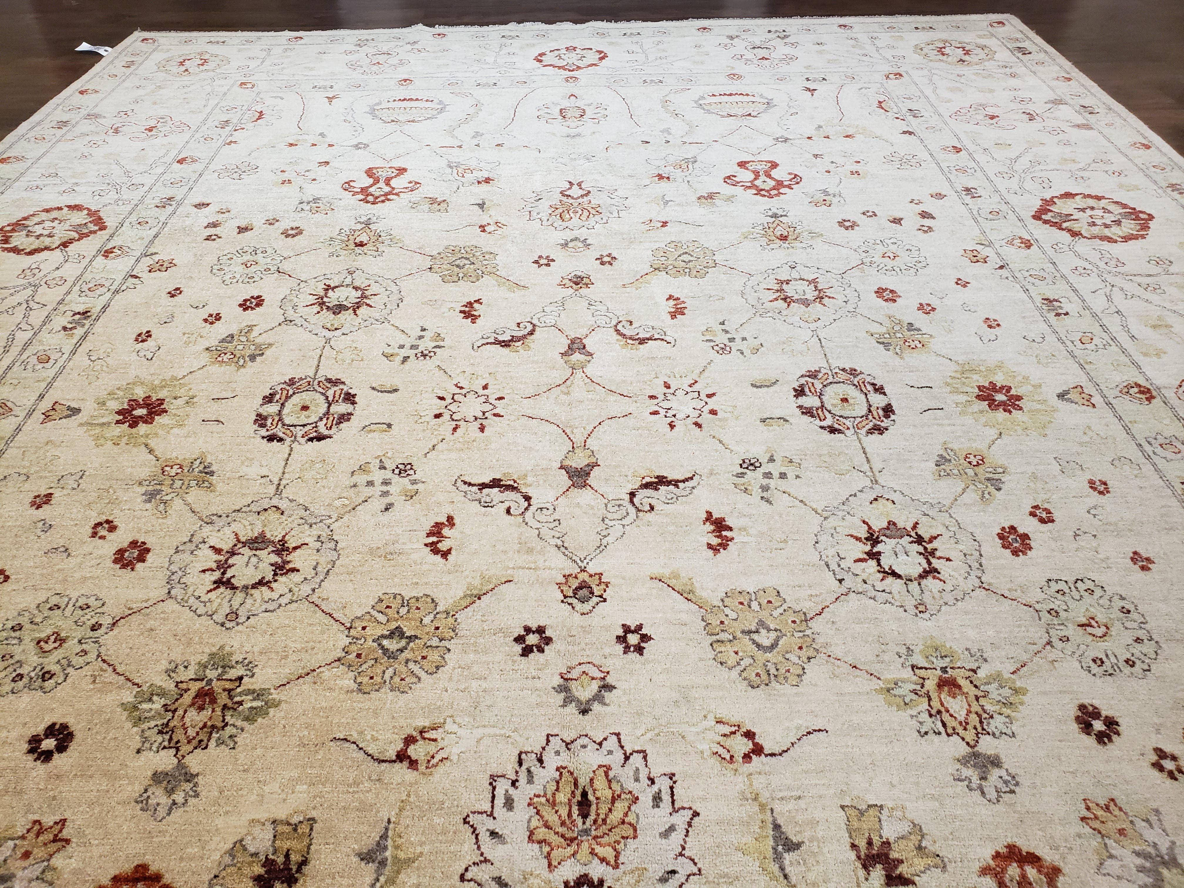 Peshawar Oushak Large Room Sized Rug 10 x 14.4, Wool Hand-Knotted Ivory Chobi Farmhouse Oriental Rug, 10x14 Living Room Pakistani Carpet - Jewel Rugs