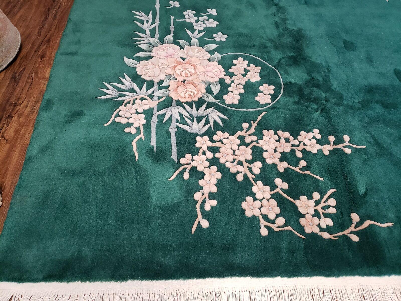 8' X 10' Vintage Handmade Chinese Art Deco Dark Green 120 Line Wool Area Rug with Flowers - Jewel Rugs