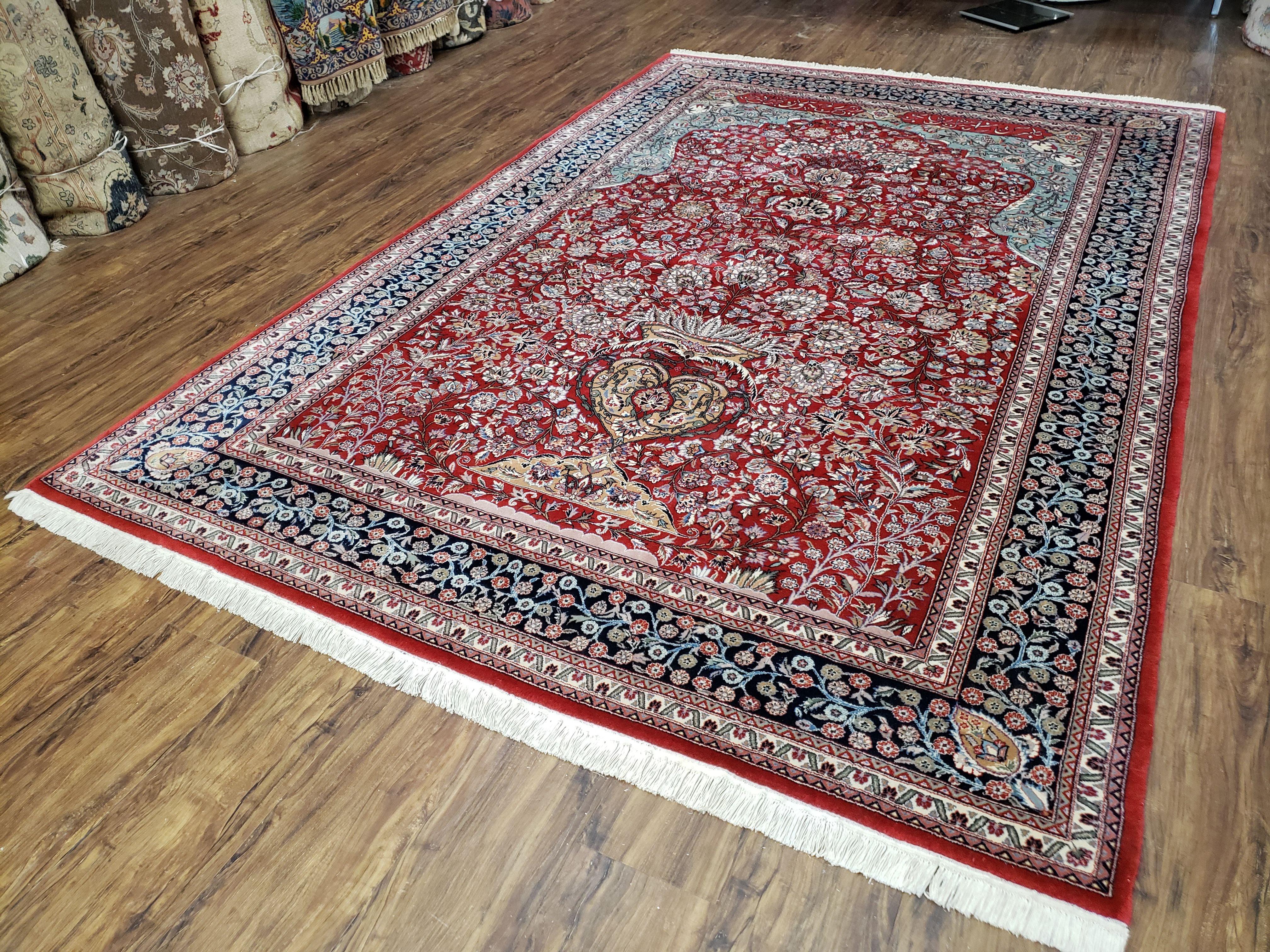 Vintage Persian Oriental Rug, Very Fine Hand-Knotted Vases and Flowers Carpet, Hand-Knotted, Wool, Red & Dark Blue, Teal, Writing, 6x9 Rug - Jewel Rugs