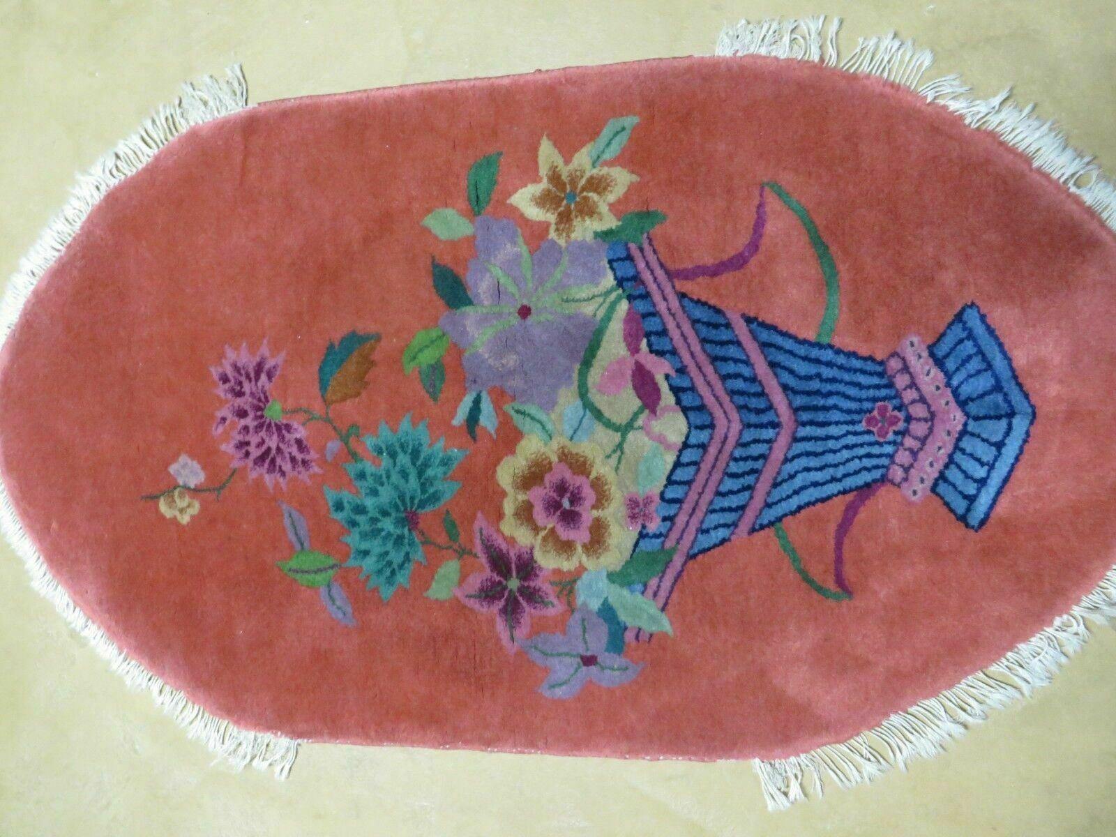 2' X 4' Handmade Antique Chinese Oval Art Deco Nichols Red Wool Rug with Vase & Flowers - Jewel Rugs