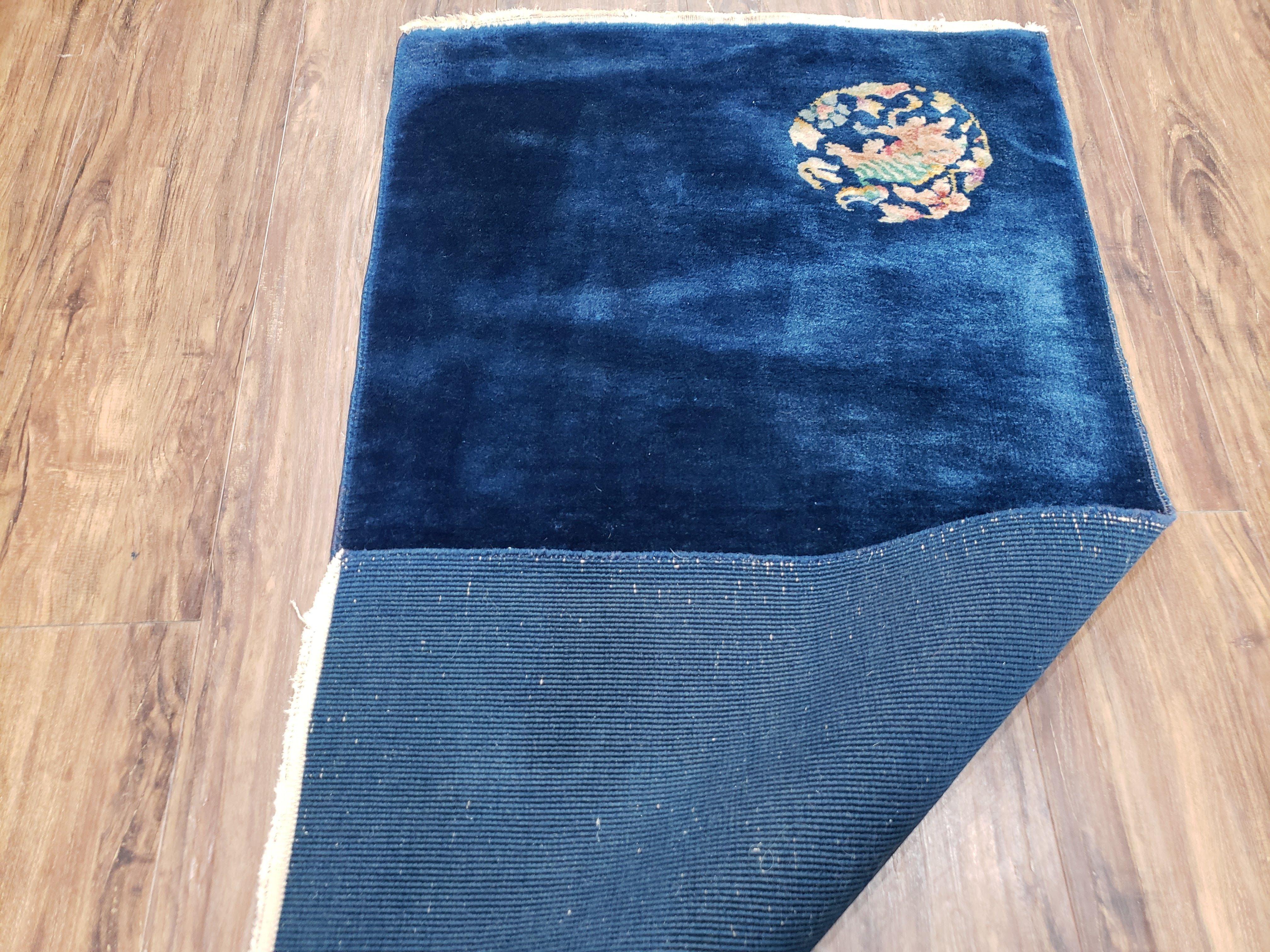 Blue Chinese Art Deco Accent Rug, 2x4 Vintage Nichols Rug, Wool Hand-Knotted East Asian Carpet, 2 x 4 Small Rug, Pair A - Jewel Rugs