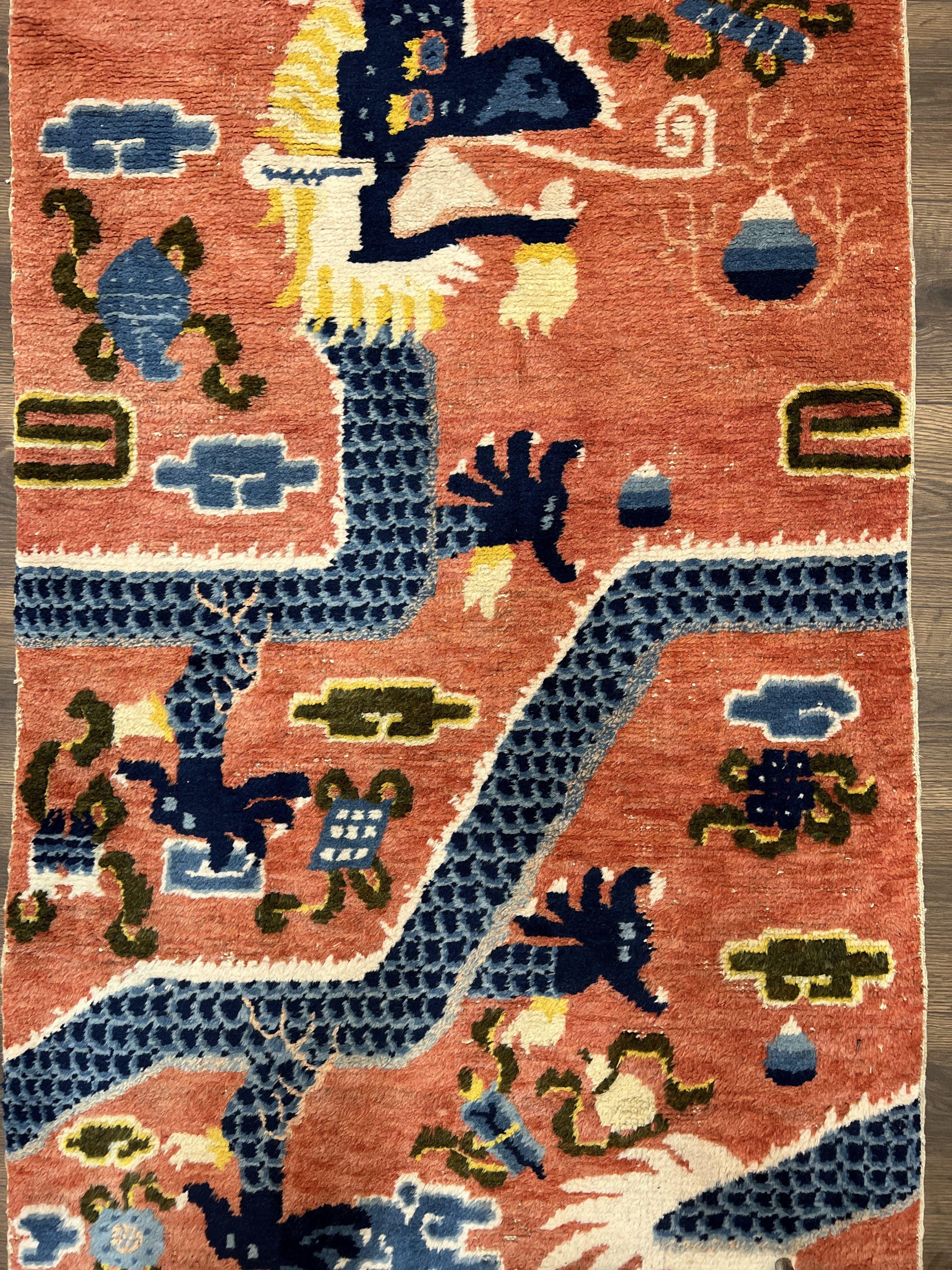 Rare Chinese Ningxia Pillar Rug 3x8, Late Qing Dynasty, 5 Clawed Dragon, Cloud Rainbow Border, Collectible Antique Carpet, Wool Hand Knotted - Jewel Rugs