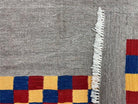 Gray Kilim Carpet, Yellow, Red, Blue Checkerboard Pattern, Flatweave, New, Geometric, Hand-Knotted, Wool, Turkish Area Rug, 5' 9" x 7' 9" - Jewel Rugs