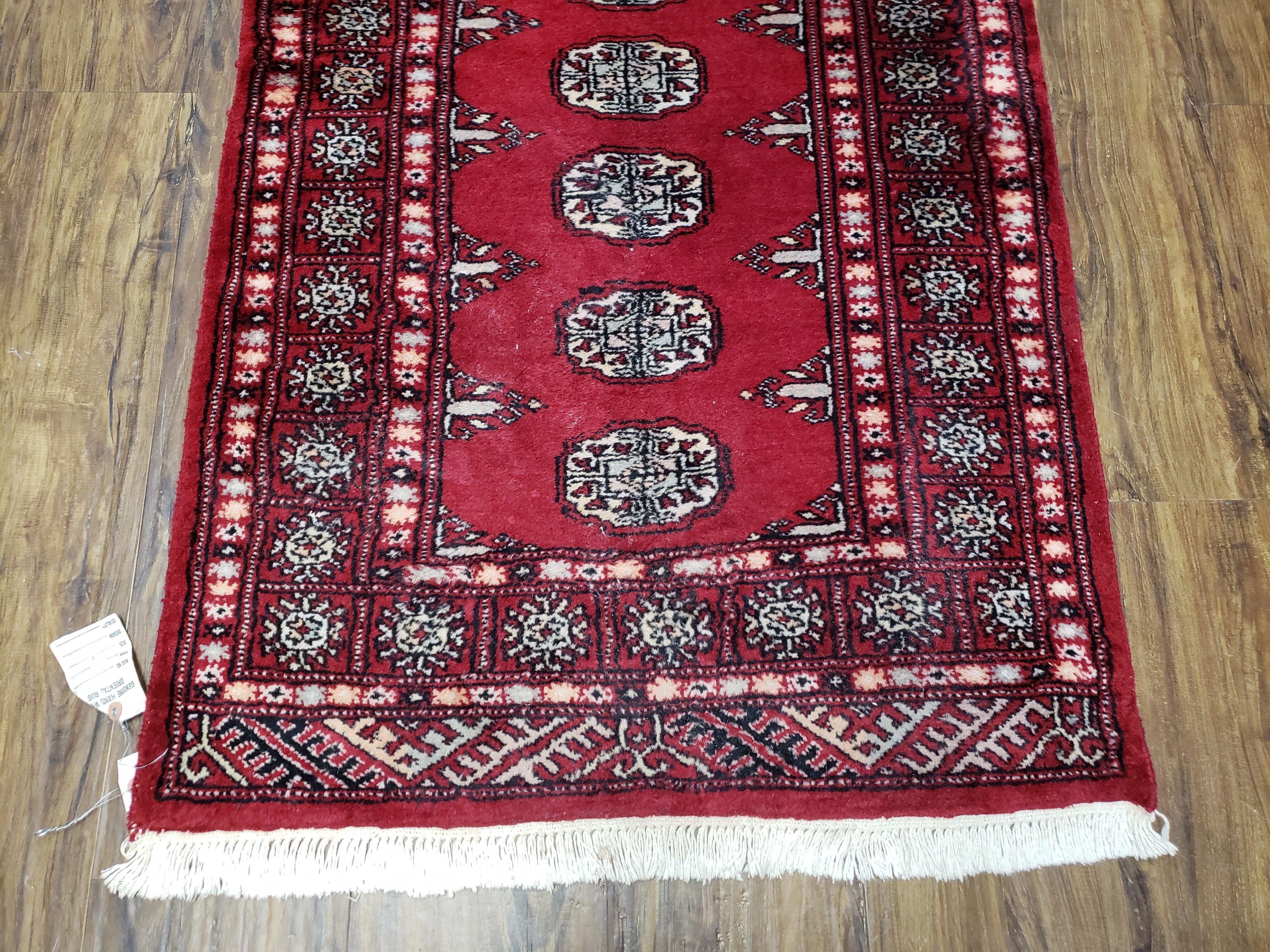 Vintage Bokhara Runner Rug 2.6 x 14, Wool Hand-Knotted Red & Ivory Pakistani Turkoman Yamud Hallway Carpet, Long Skinny Oriental Runner 14ft - Jewel Rugs