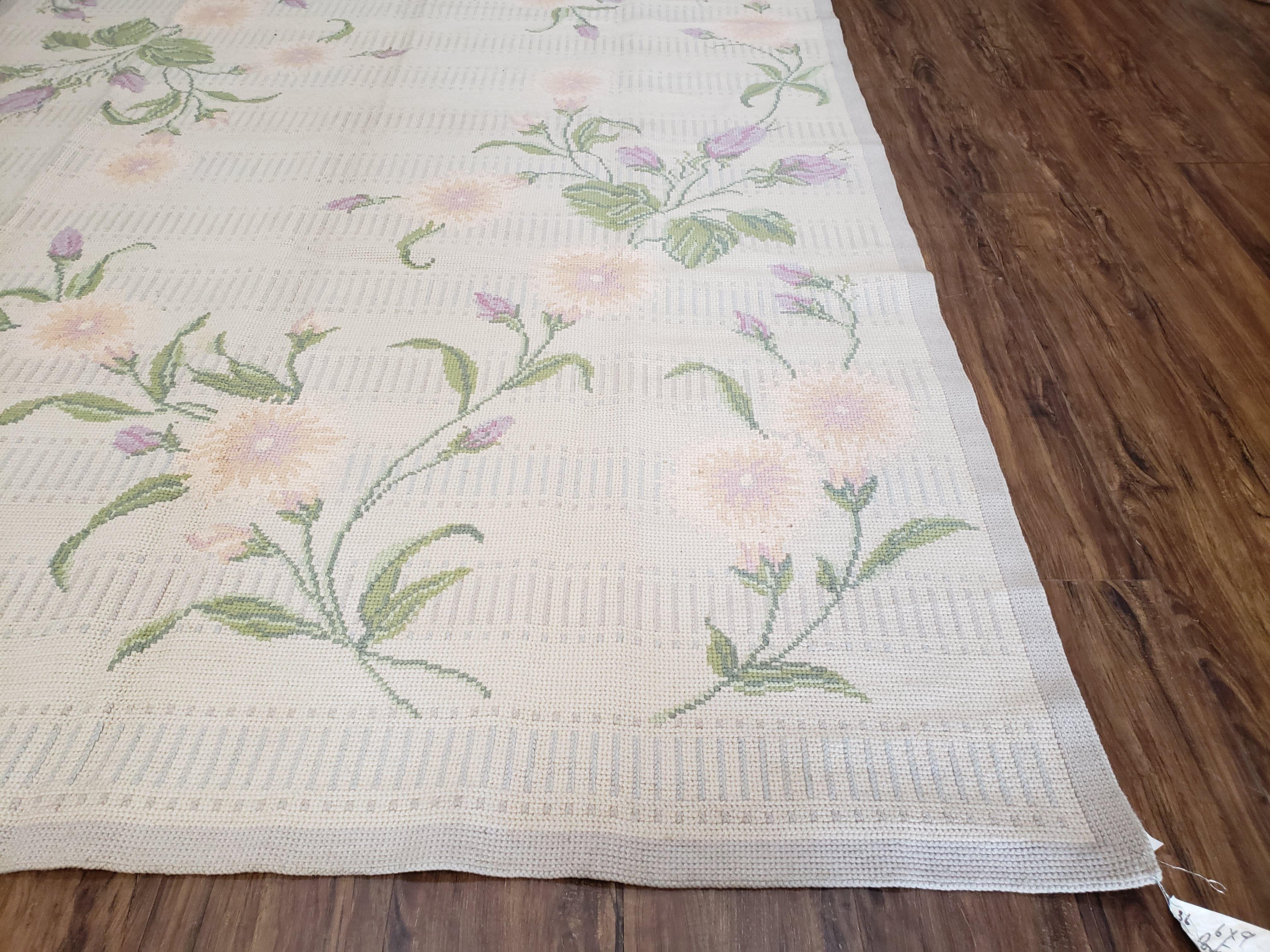 Vintage Portuguese Needlepoint Area Rug 6x9 Wool Hand-woven Flatweave Carpet, Ivory Flowers Leaves, 6 x 9 Dinning Table Rug - Bedroom Rug - Jewel Rugs