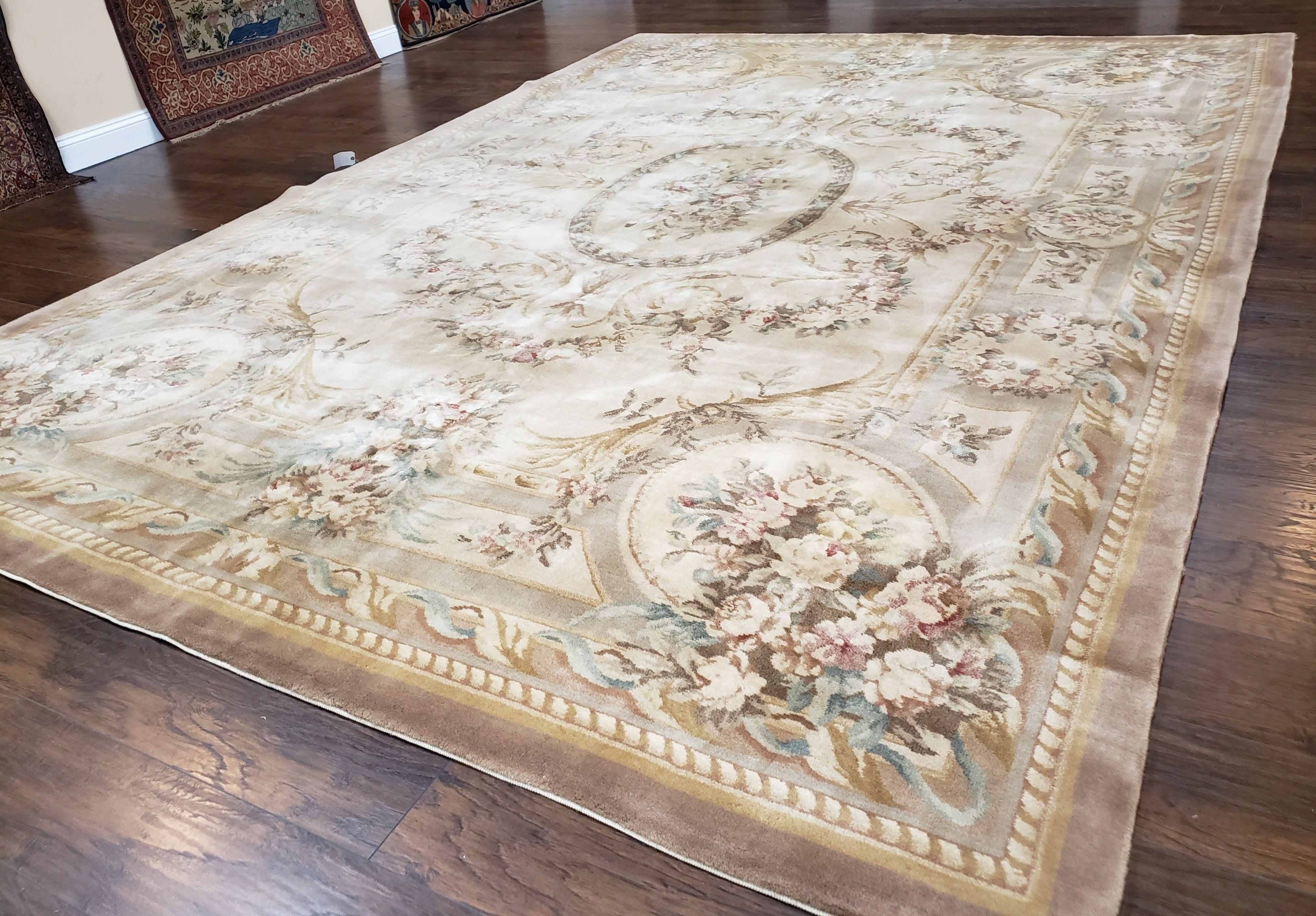 Vintage Chinese Aubusson Savonnerie Room Sized Rug 9.6 x 13.4, Wool Hand-Knotted Beige Carpet, 10x13 10x14 9x13 European Design, Living Room - Jewel Rugs