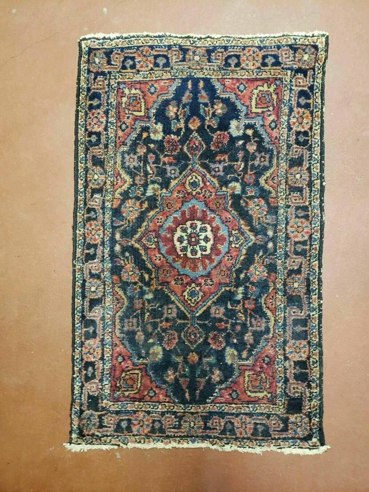 1' 9" X 2' 10" Antique Handmade Floral Oriental Wool Area Rug Small Oriental Carpet Blue & Red - Jewel Rugs