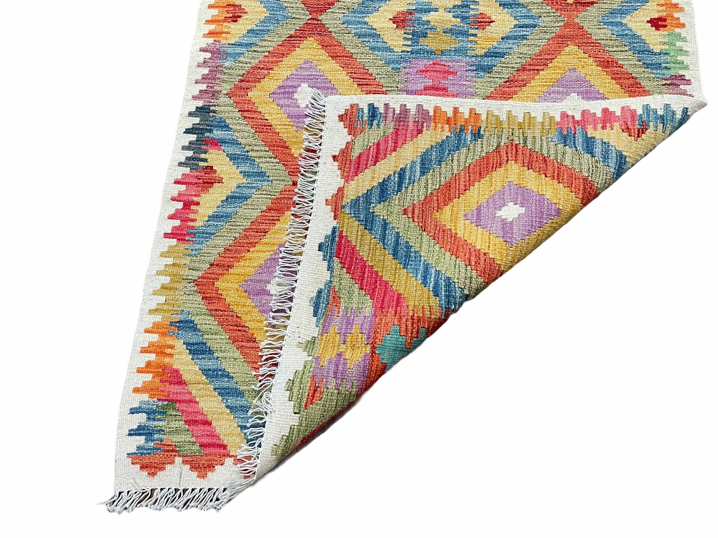 Colorful Chobi Kilim 3x5 Small Turkish Kilim Rug Diamond Pattern Multicolor Flatweave Wool Playroom Rug New Playful Rug - Jewel Rugs