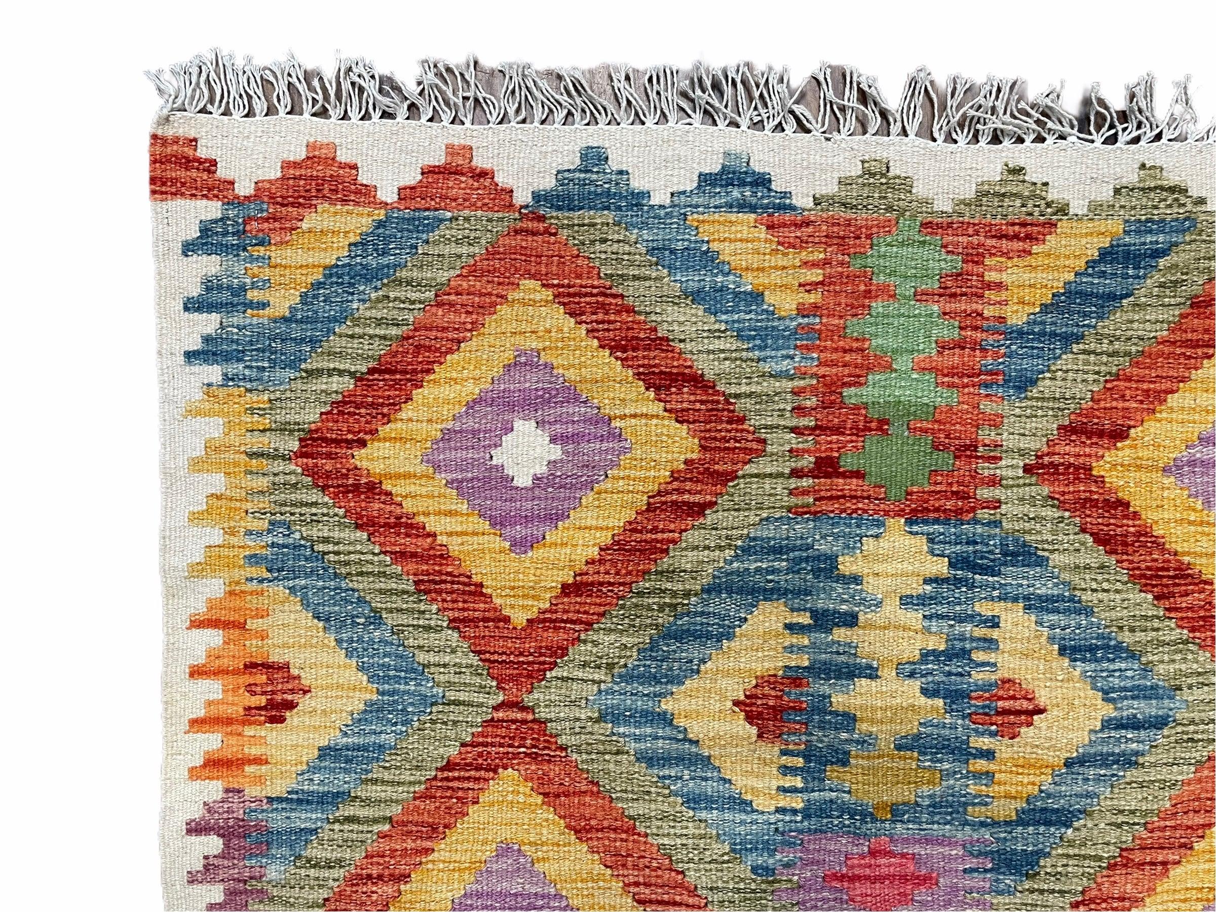 Colorful Chobi Kilim 3x5 Small Turkish Kilim Rug Diamond Pattern Multicolor Flatweave Wool Playroom Rug New Playful Rug - Jewel Rugs