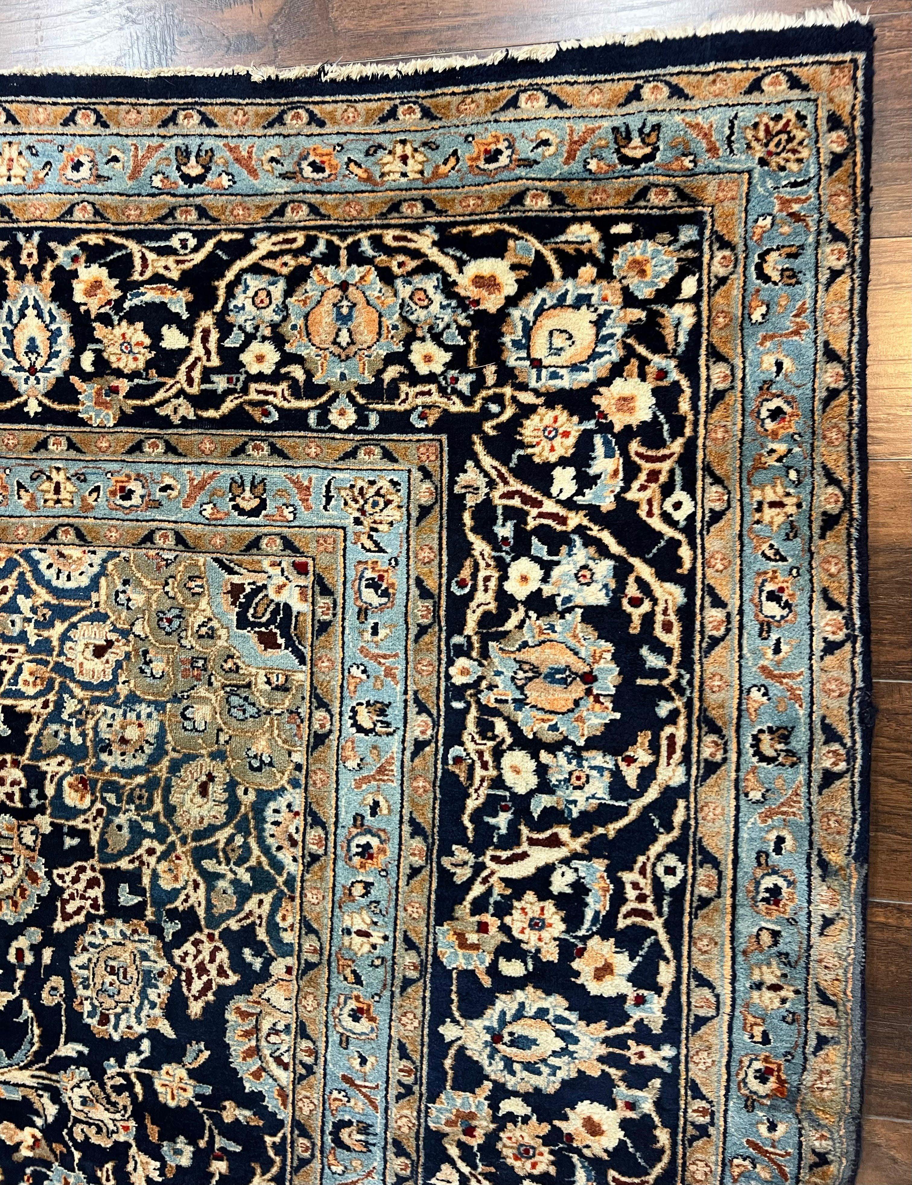 Wonderful Persian Kashan Rug 10x13, Navy Blue Light Blue Tan, Hand Knotted Wool Oriental Carpet Floral Allover Medallion 1950s Semi Antique Vintage - Jewel Rugs