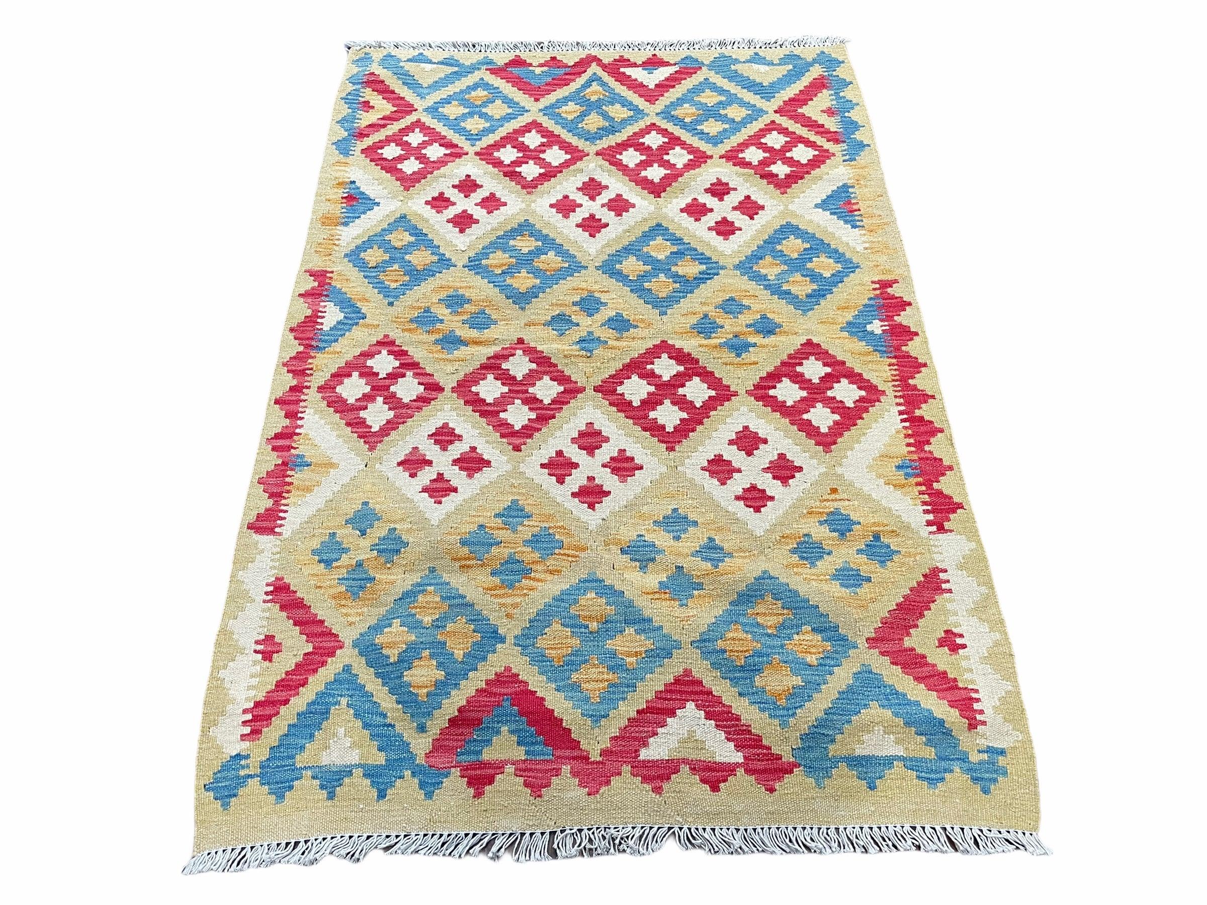 3x5 Kilim Rug Multicolor Tribal Kilim Rug 3 x 5 Tan Light Blue Red Beige New Turkish Anatolian Wool Kilim Flatweave Rug - Jewel Rugs