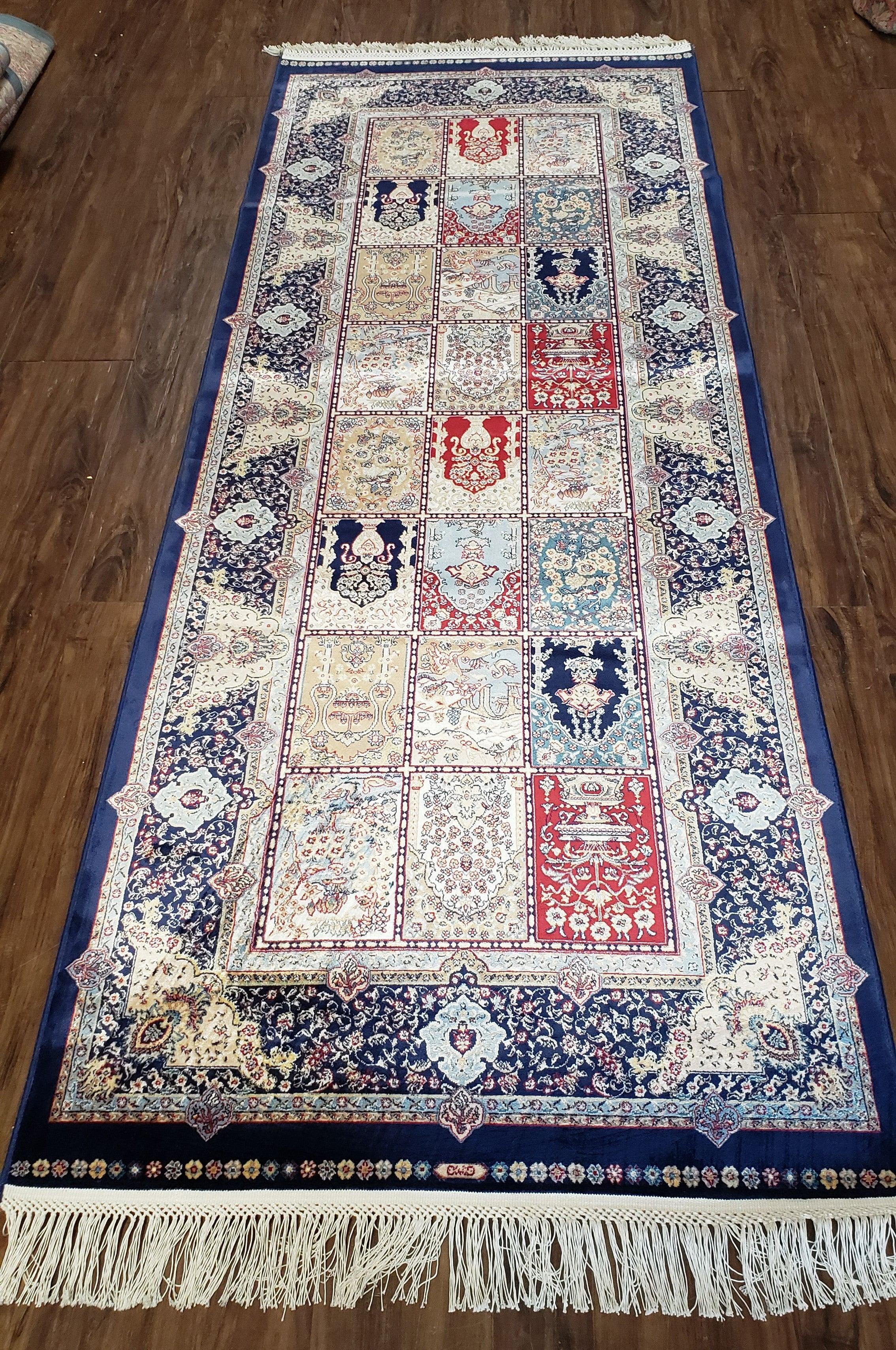 Silk Rug Turkish, Panel Design, Blues and Ivory, Bamboo Silk, Turkish Silk Carpet, Short Runner Rug, New Oriental Carpet, 2' 8" x 6' 7" - Jewel Rugs