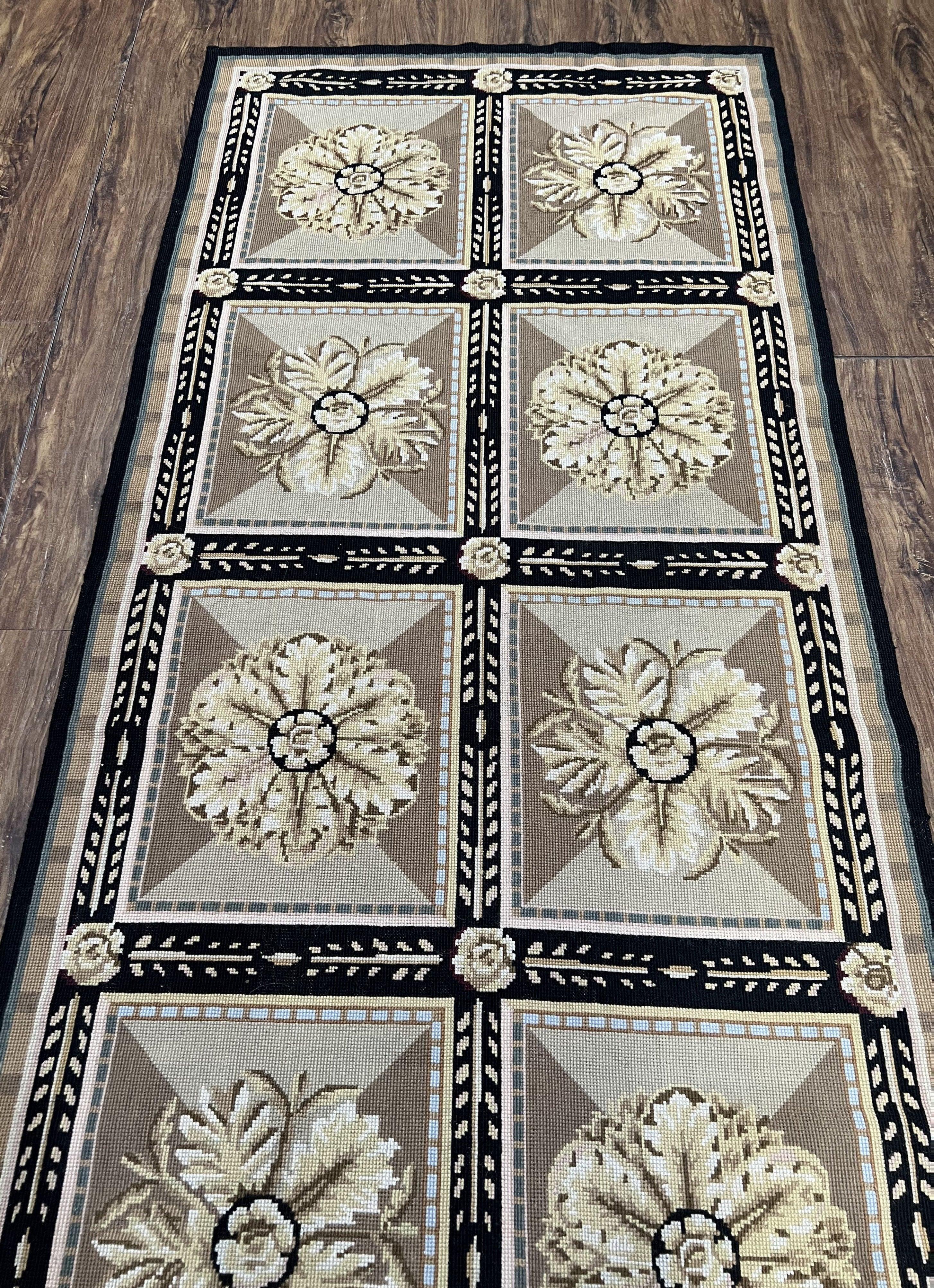 Needlepoint Runner Rug 3x8 Panel Design Rug, Flatweave Runner Rug, English Design, Floral, Short Runner Rug, Black and Beige Wool Hand-Woven - Jewel Rugs