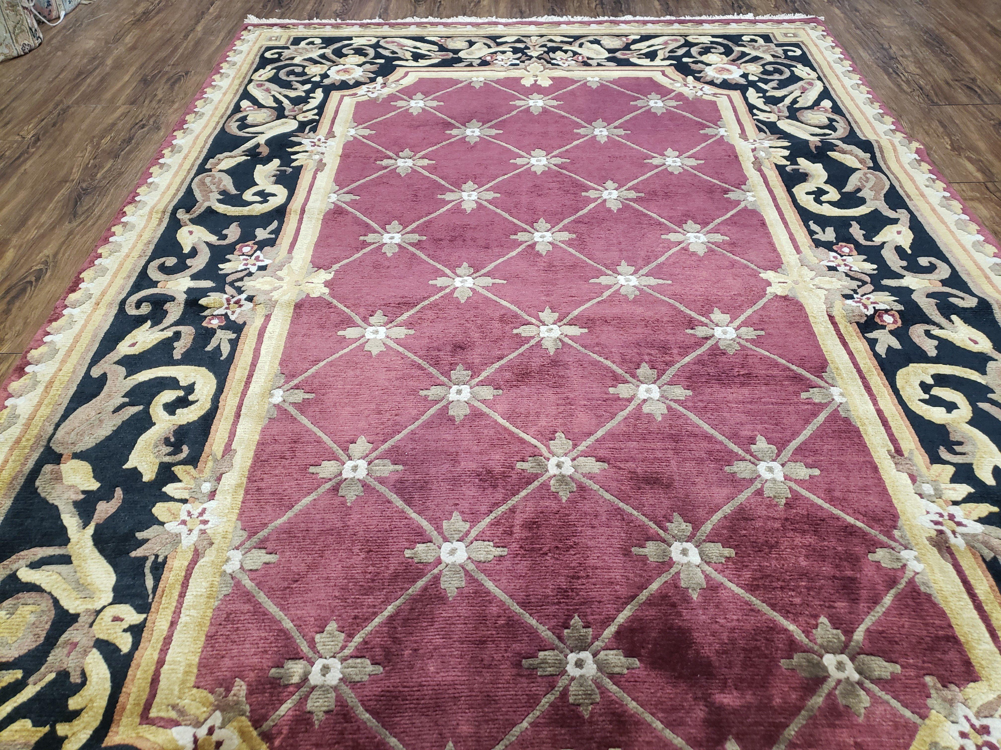 Vintage Aubusson Rug 6x9, Hibiscus Red Black & Gold Wool Hand-Knotted Carpet, 6 x 9 Small Elegant Dinning Room Area Rug, New Zealand Wool - Jewel Rugs