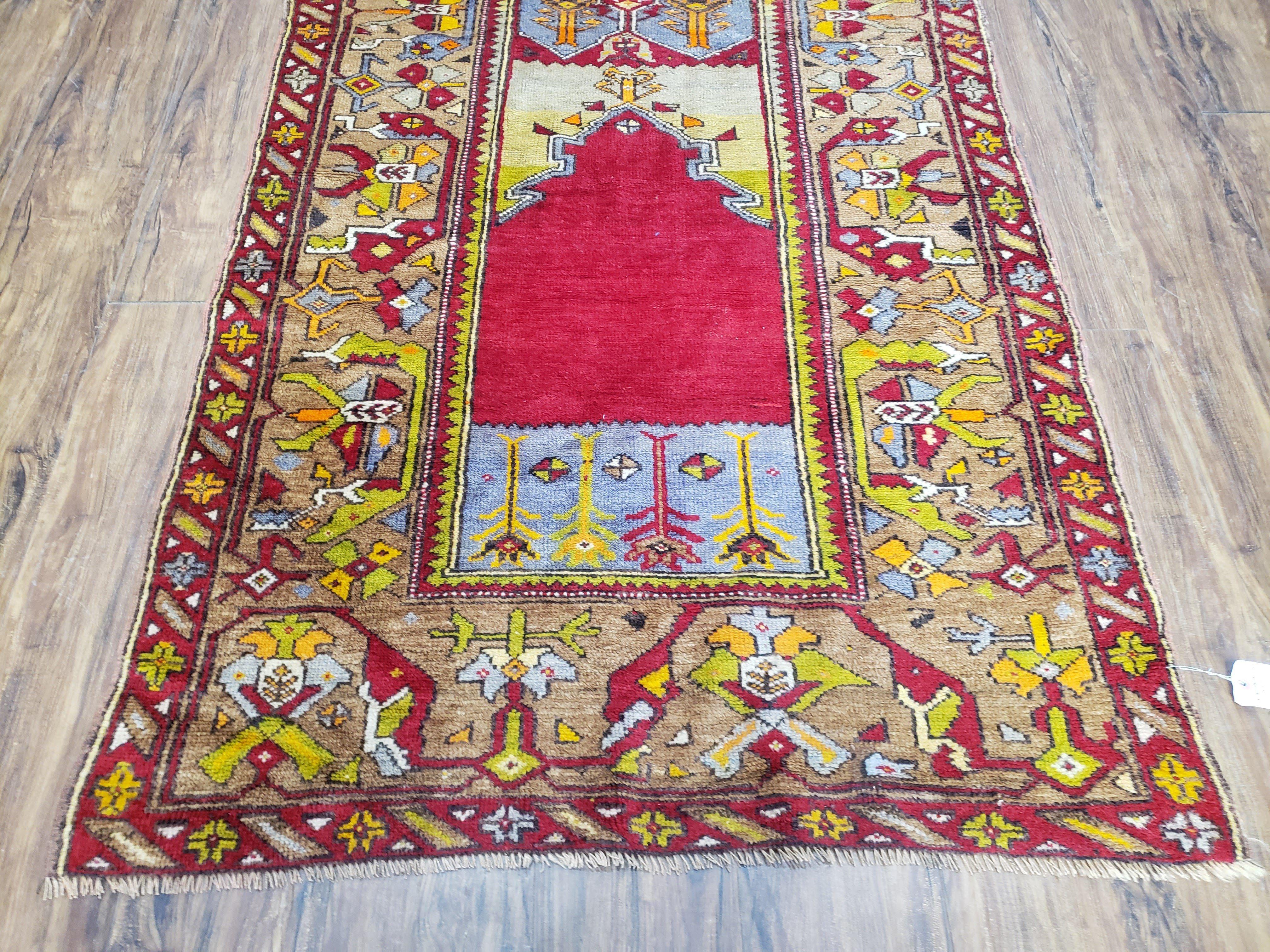 Antique Turkish Prayer Rug 3.8 x 5ft, Colorful Prayer Rug, Red Blue Gold Multicolor Turkish Anatolian Carpet, Handmade Hand-Knotted, Wool - Jewel Rugs