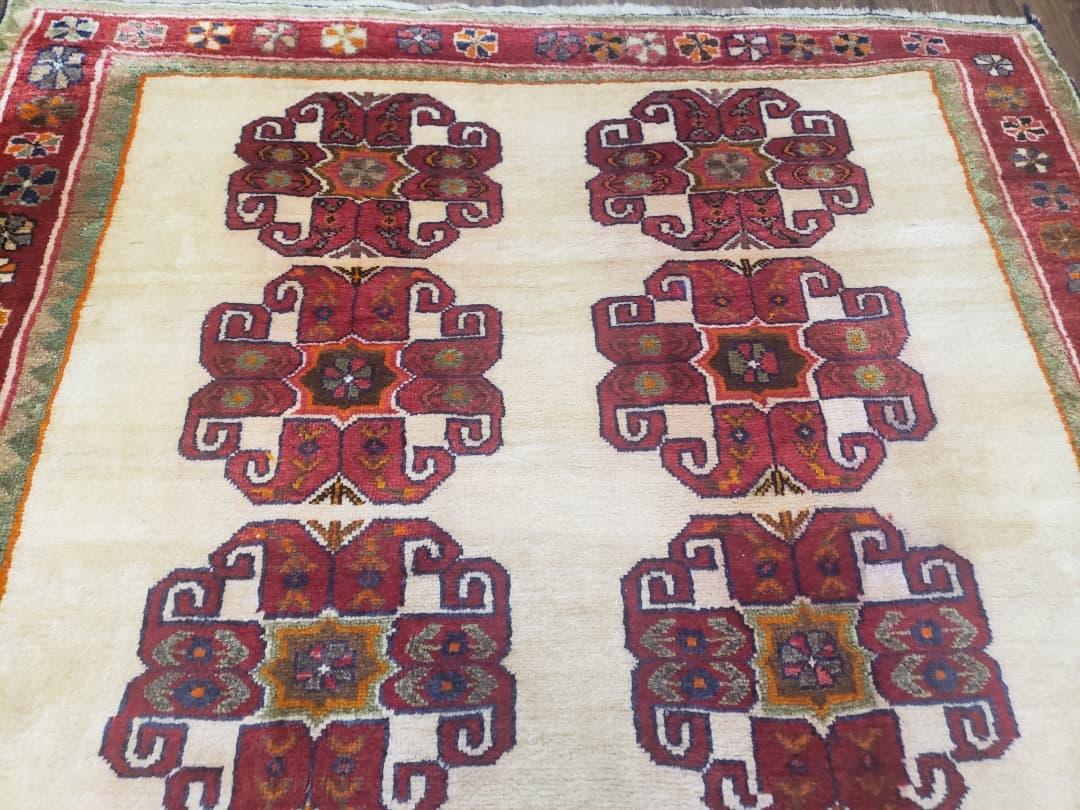 Vintage Persian Gabbeh Rug, Dark Red & Cream, Hand-Knotted, 5' x 6' 4" - Jewel Rugs