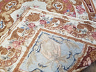 Vintage Aubusson Needlepoint Area Rug 8x10, Brown Ivory Hibiscus Red & Light Blue, Hand-Knotted Wool Carpet Chinese Savonnerie Flatweave Rug - Jewel Rugs