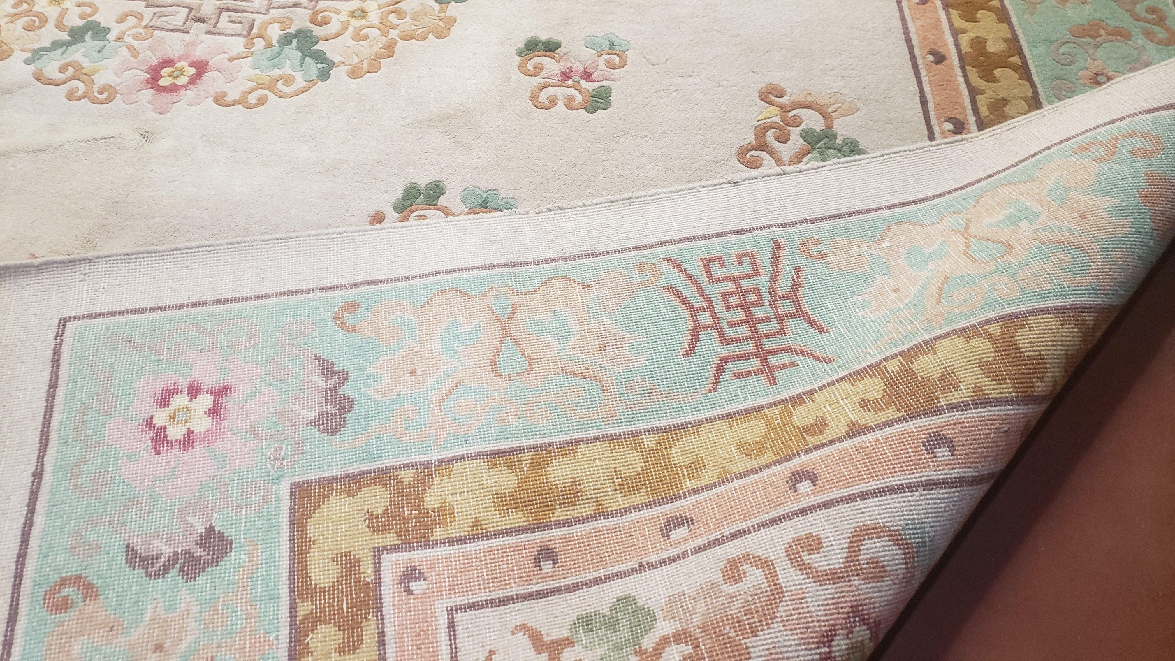 Vintage Chinese Art Deco Rug 9x12, Beige Art Deco Carpet 9 x 12, Handmade Hand Knotted Soft Plush Wool Area Rug 9 by 12 - Jewel Rugs