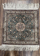 Sino Persian Silk Rug 2x2 ft, Very Fine High KPSI Small Silk Oriental Carpet, Hand-Knotted, Medallion, Vintage Silk Rug, Black Ivory/Cream - Jewel Rugs