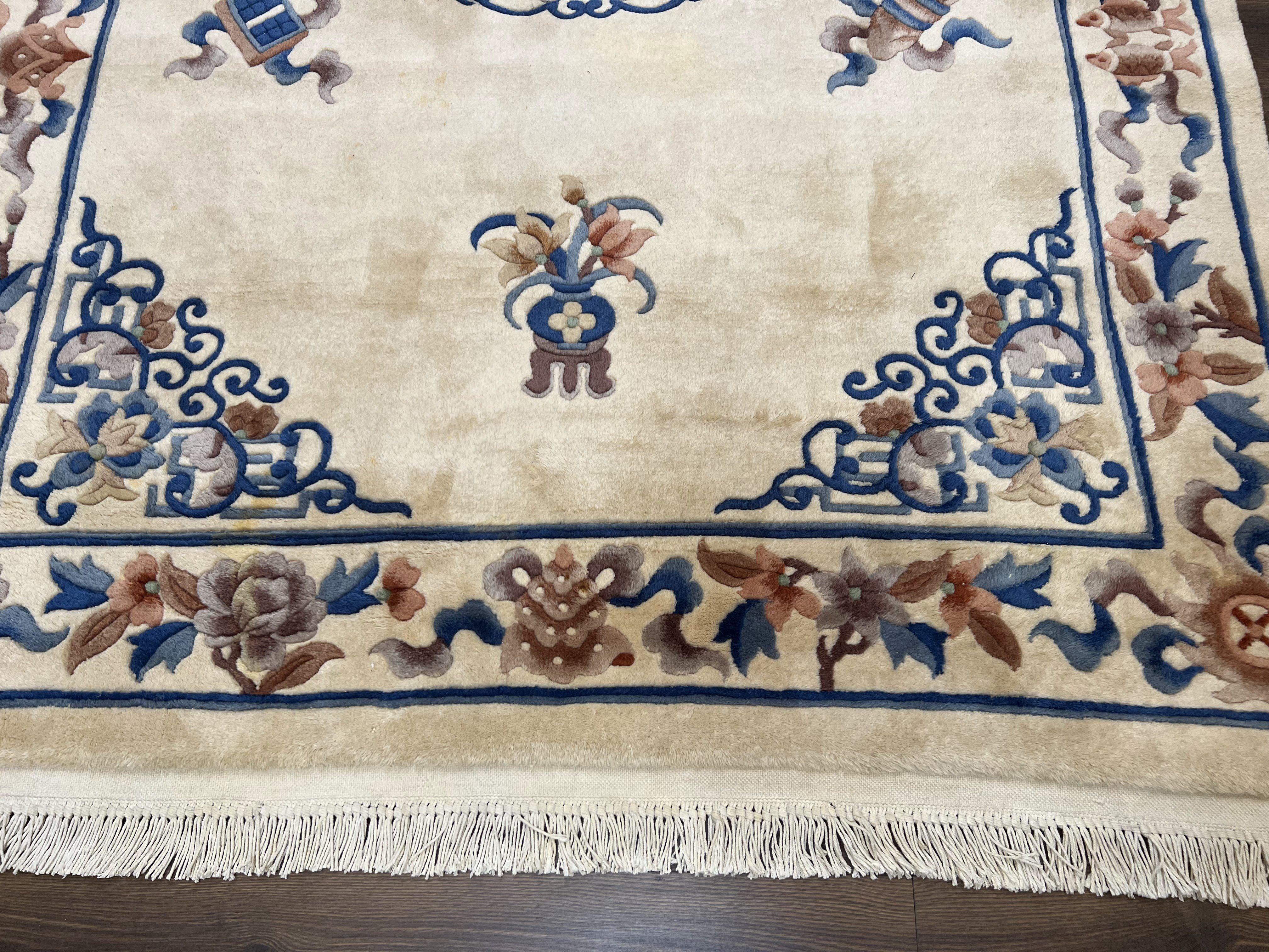 Vintage Chinese Carving Rug 6x9, Peking Carpet, Hand Knotted Wool Chinese Rug 6 x 9, Simple Design Chinese 90 Line Rug, Ivory Blue and Brown - Jewel Rugs