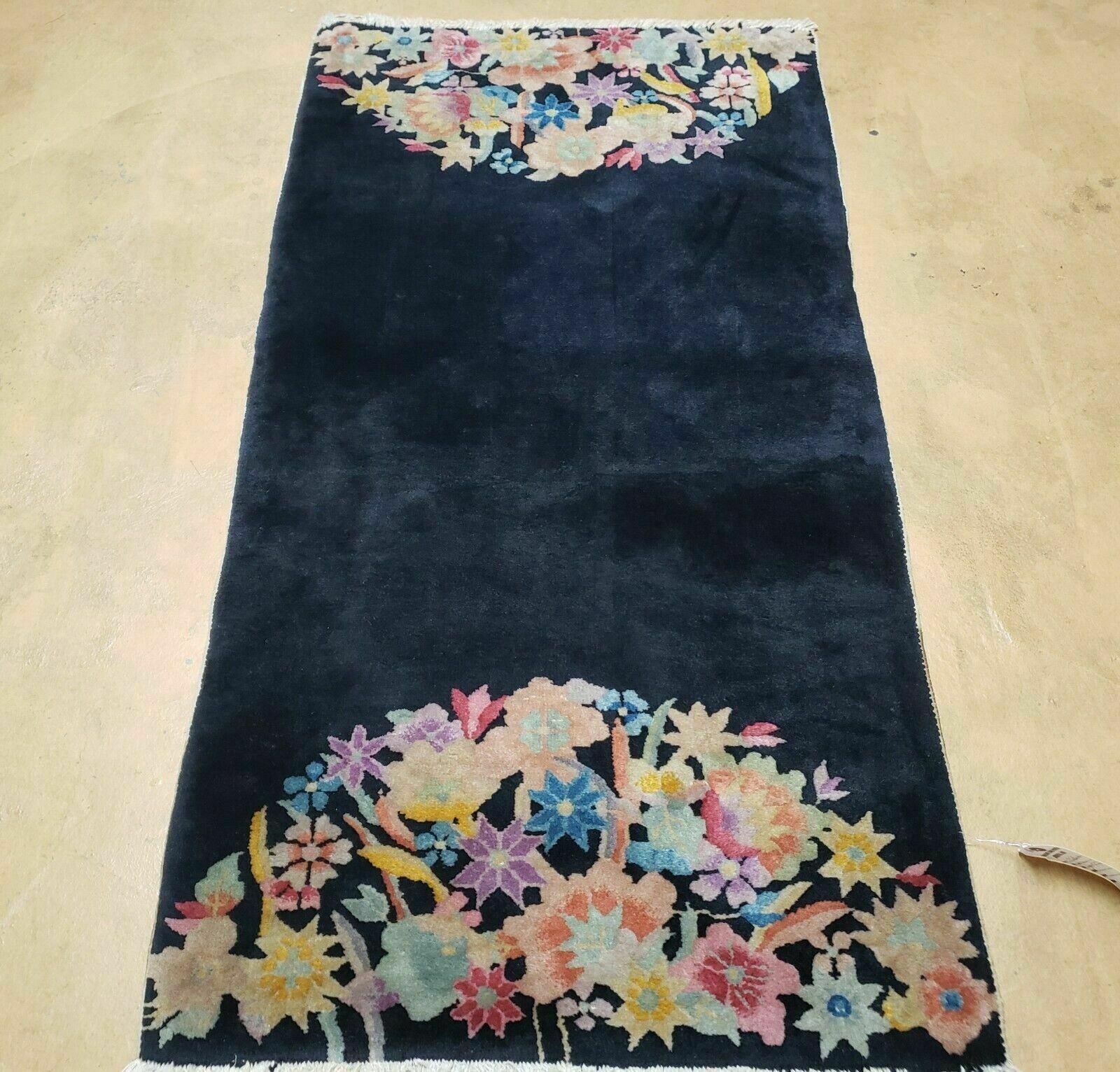 2' 6" X 5' Antique Handmade Chinese Art Deco Peking Wool Accent/Throw Rug - Black Rug with Flower Design - Jewel Rugs