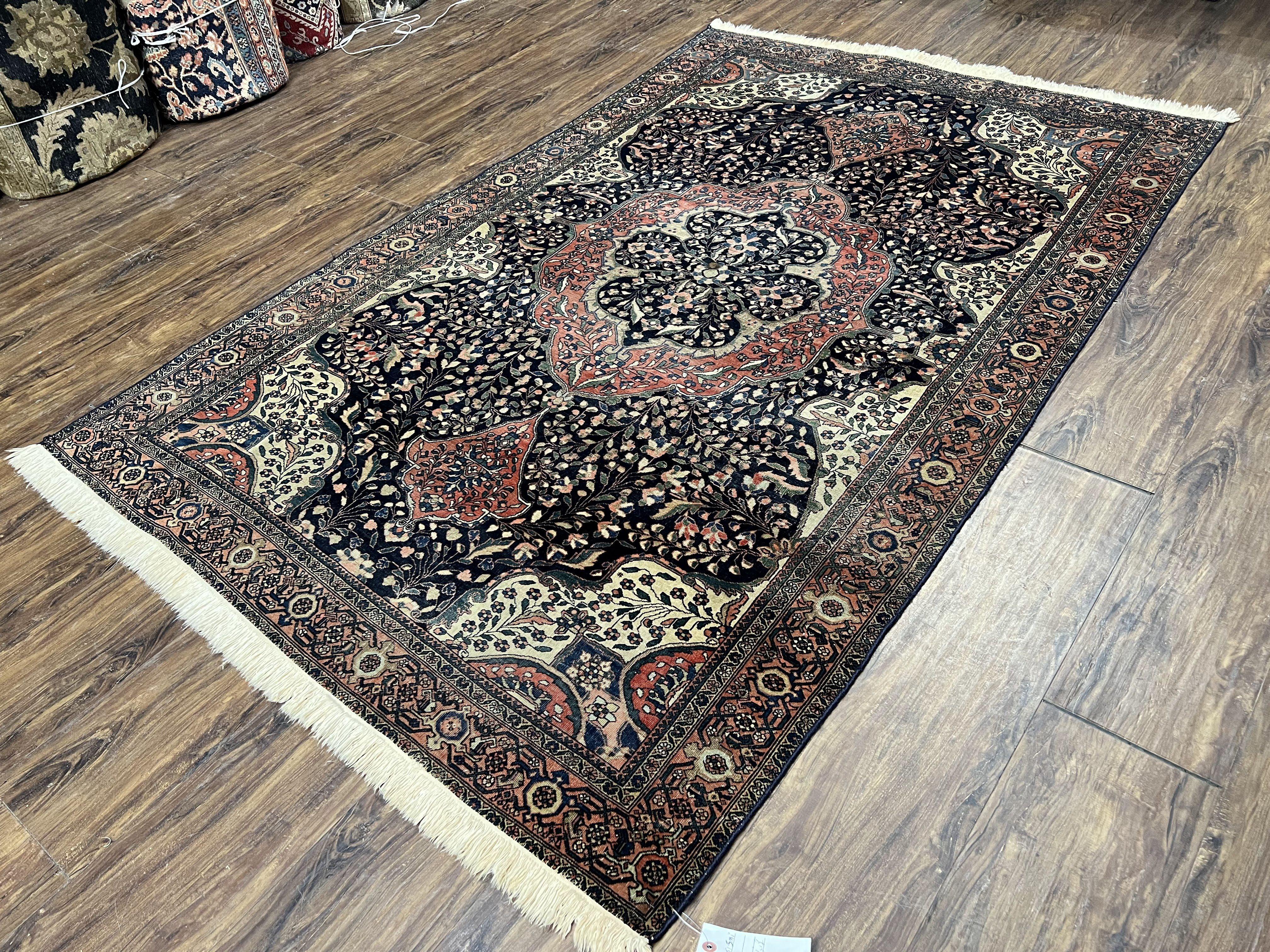 Antique Persian Sarouk Farahan Rug 4.4 x 6.7, Collectible Persian Carpet, Very Fine 1880s Late 19th Century Rug, Floral Medallion, Black Red Oriental Rug - Jewel Rugs