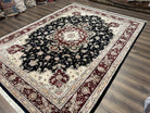 Pak Persian Rug 8.8 x 10.6, Floral Medallion, Wool and Silk Hand Knotted Fine Oriental Carpet, Elegant Rug, Black Gray Burgundy, Room Sized - Jewel Rugs