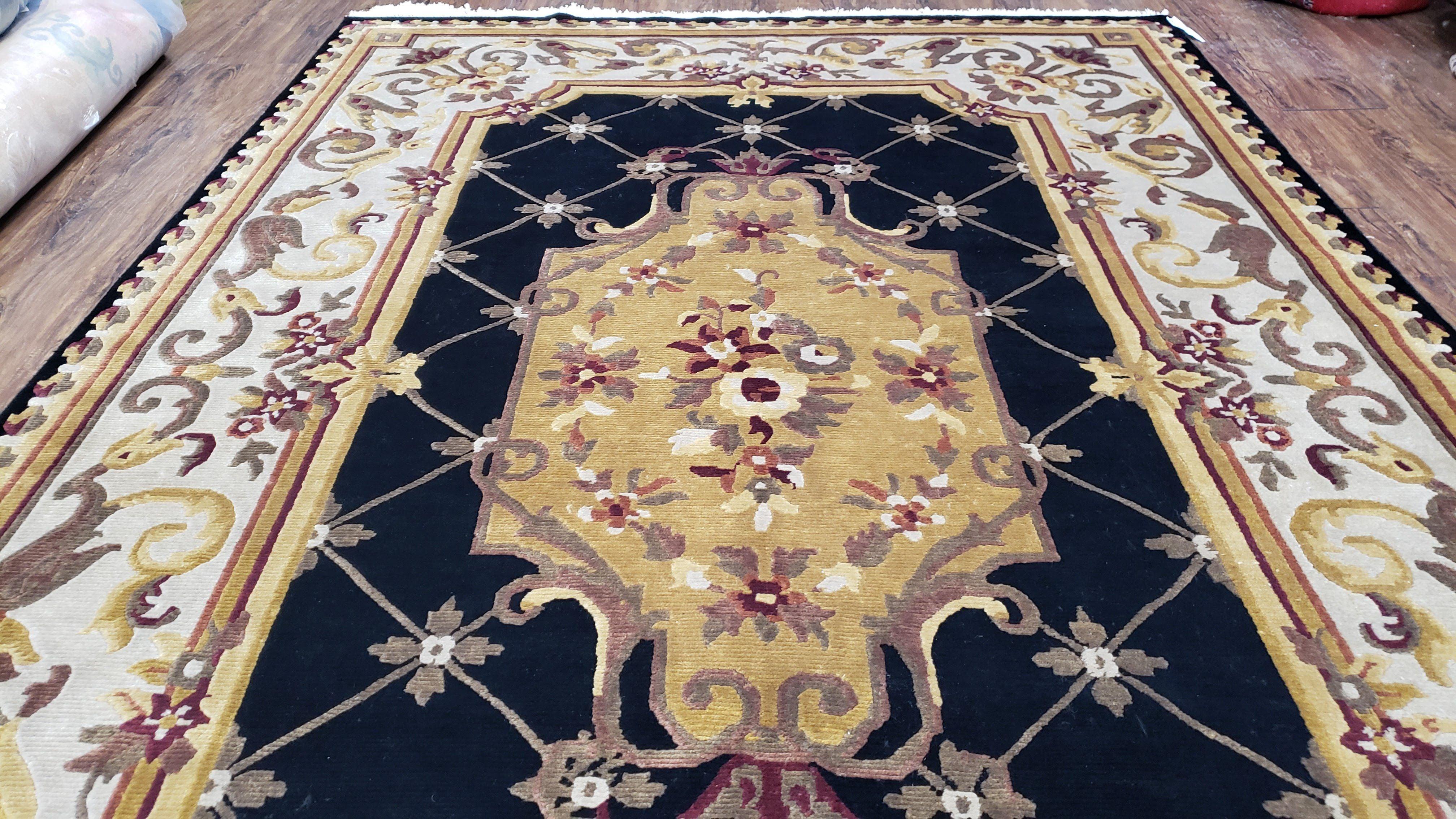 6x9 Nepalese Rug, Aubusson Savonnerie Area Rug 6 x 9 with Soft Pile, Hand-Knotted Wool Black & Beige Tibetan New Carpet European Design - Jewel Rugs